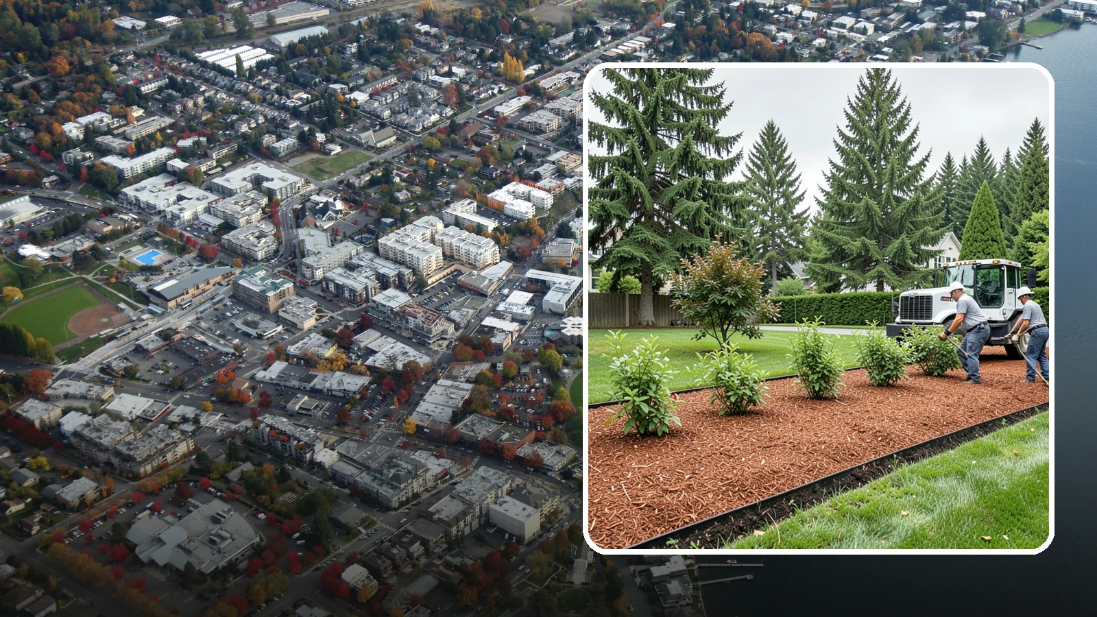 Hemlock Mulch Installation in Kirkland, King County, WA - We install rich reddish-brown hemlock mulch that resists artificial fading and gives beds a naturally warm finish.
