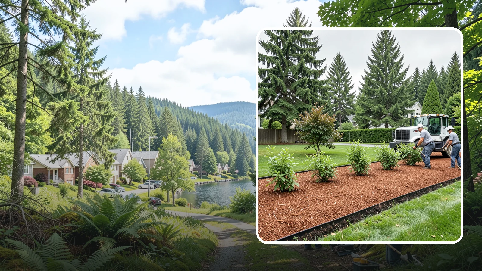 Hemlock Mulch Installation in Lake Forest Park, King County, WA - We install rich reddish-brown hemlock mulch that resists artificial fading and gives beds a naturally warm finish.
