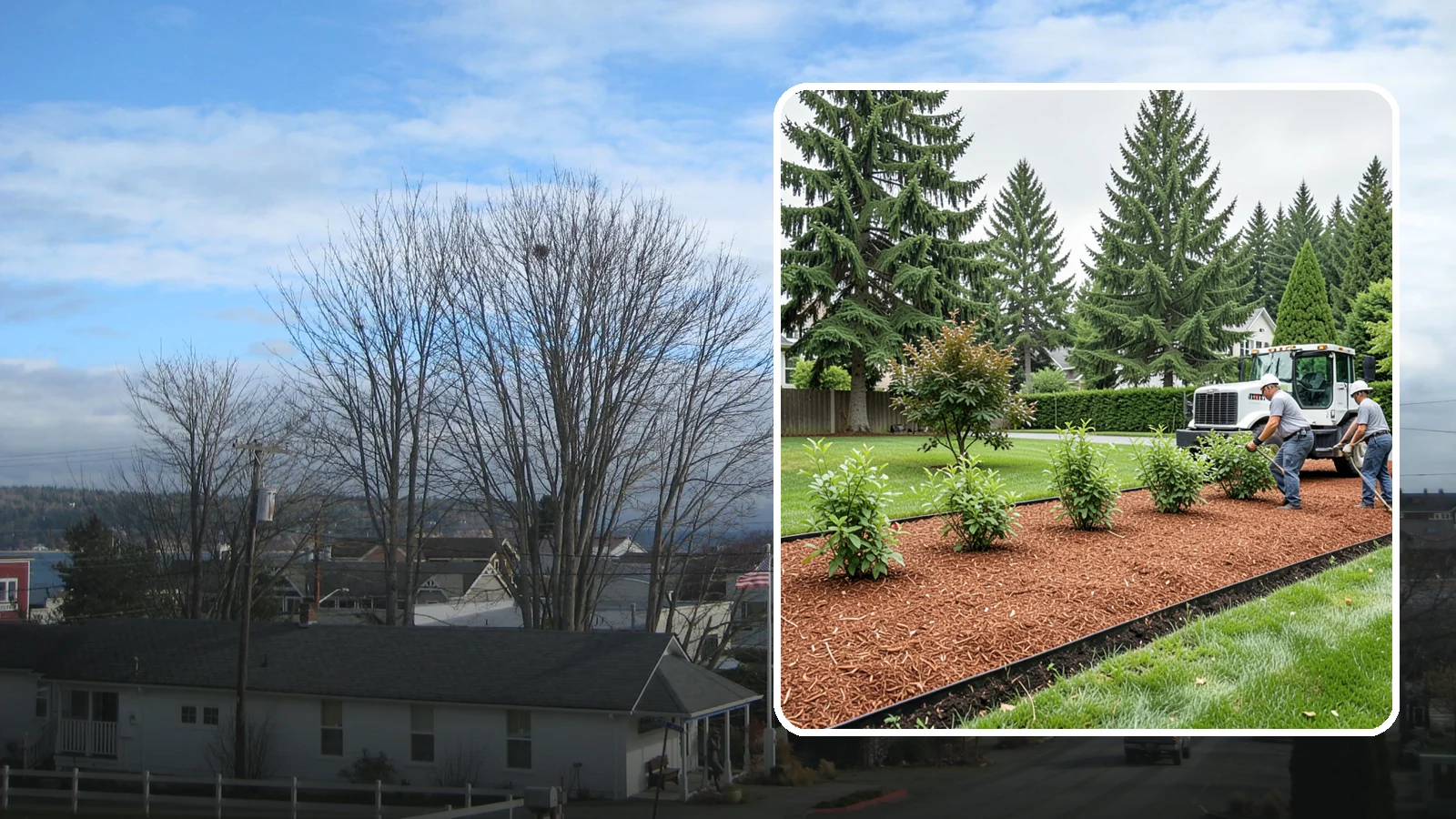 Hemlock Mulch Installation in Langley, Island County, WA - We install rich reddish-brown hemlock mulch that resists artificial fading and gives beds a naturally warm finish.