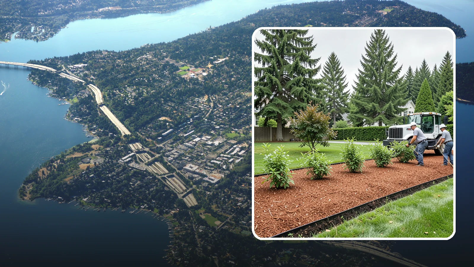 Hemlock Mulch Installation in Mercer Island, King County, WA - We install rich reddish-brown hemlock mulch that resists artificial fading and gives beds a naturally warm finish.