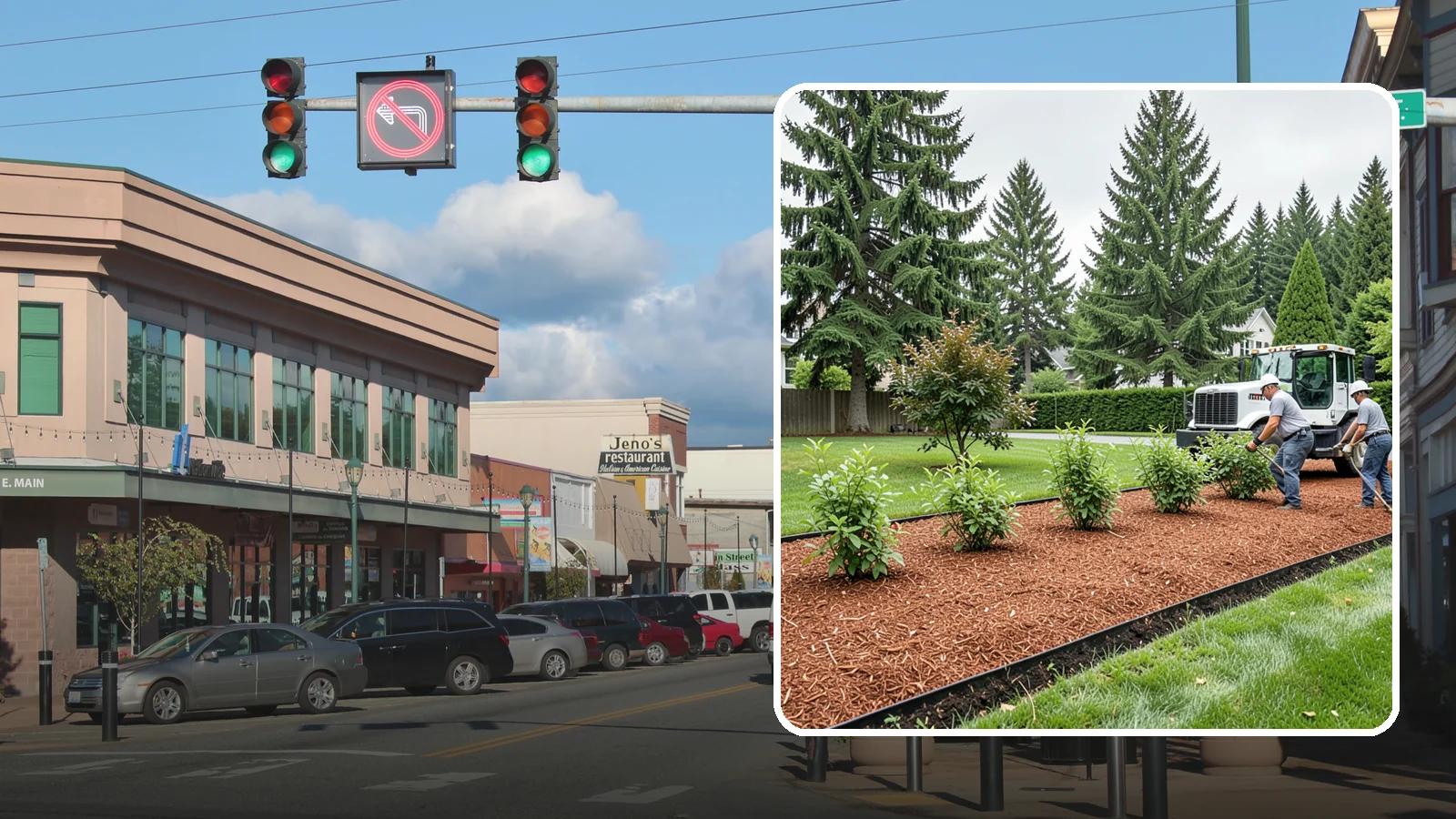 Hemlock Mulch Installation in Monroe, Snohomish County, WA - We install rich reddish-brown hemlock mulch that resists artificial fading and gives beds a naturally warm finish.