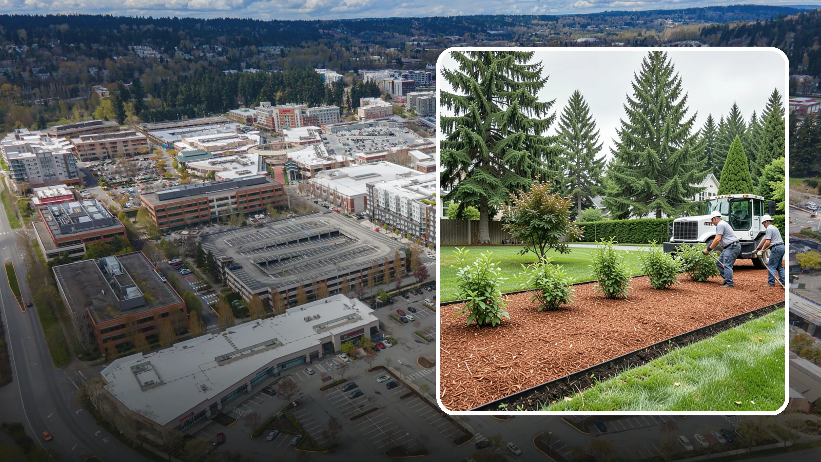 Hemlock Mulch Installation in Redmond, King County, WA - We install rich reddish-brown hemlock mulch that resists artificial fading and gives beds a naturally warm finish.