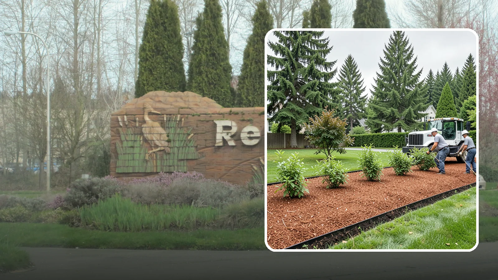 Hemlock Mulch Installation in Renton, King County, WA - We install rich reddish-brown hemlock mulch that resists artificial fading and gives beds a naturally warm finish.
