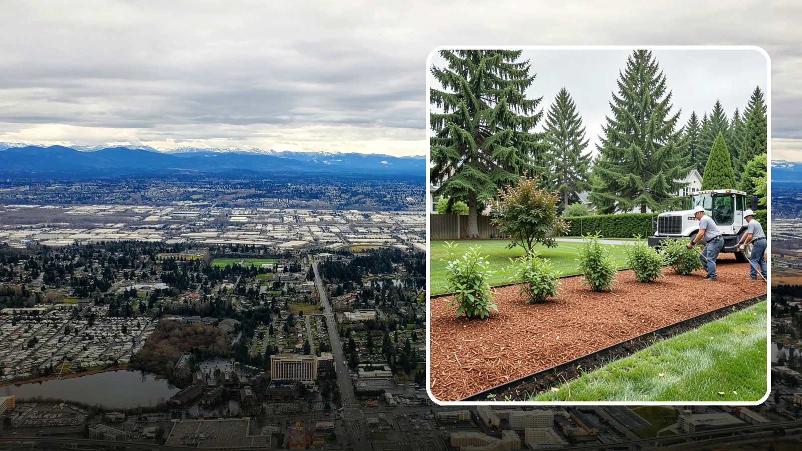 Hemlock Mulch Installation in SeaTac, King County, WA - We install rich reddish-brown hemlock mulch that resists artificial fading and gives beds a naturally warm finish.