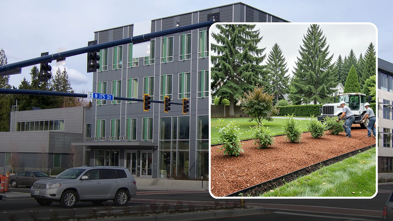 Hemlock Mulch Installation in Shoreline, King County, WA - We install rich reddish-brown hemlock mulch that resists artificial fading and gives beds a naturally warm finish.