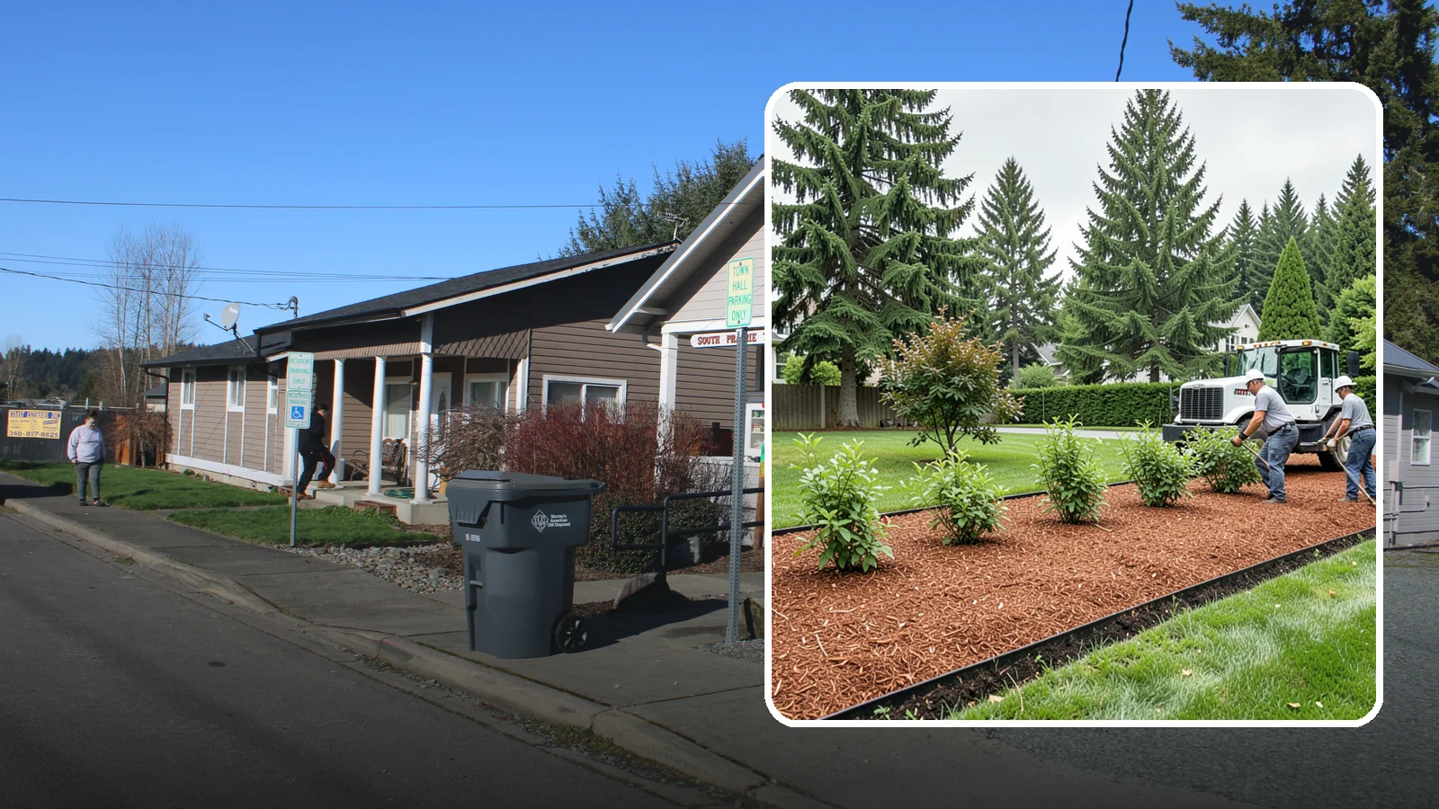 Hemlock Mulch Installation in South Prairie, Pierce County, WA - We install rich reddish-brown hemlock mulch that resists artificial fading and gives beds a naturally warm finish.
