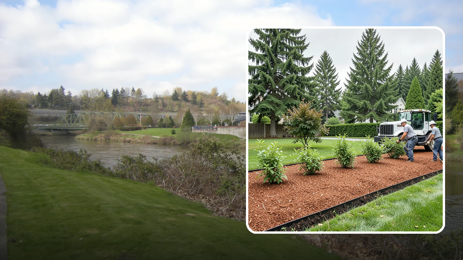 Hemlock Mulch Installation in Tukwila, King County, WA - We install rich reddish-brown hemlock mulch that resists artificial fading and gives beds a naturally warm finish.