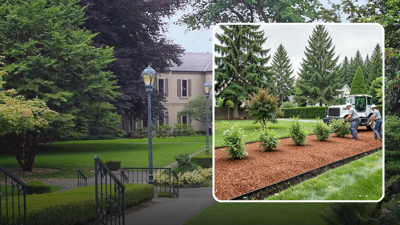Hemlock Mulch Installation in Woodinville, King County, WA - We install rich reddish-brown hemlock mulch that resists artificial fading and gives beds a naturally warm finish.