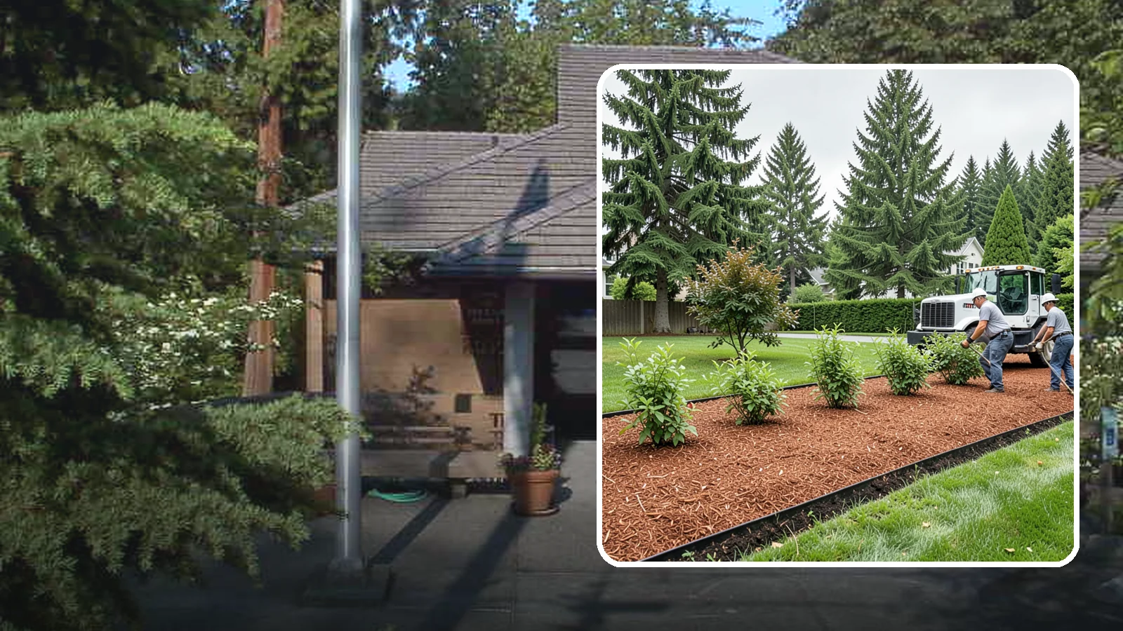 Hemlock Mulch Installation in Yarrow Point, King County, WA - We install rich reddish-brown hemlock mulch that resists artificial fading and gives beds a naturally warm finish.