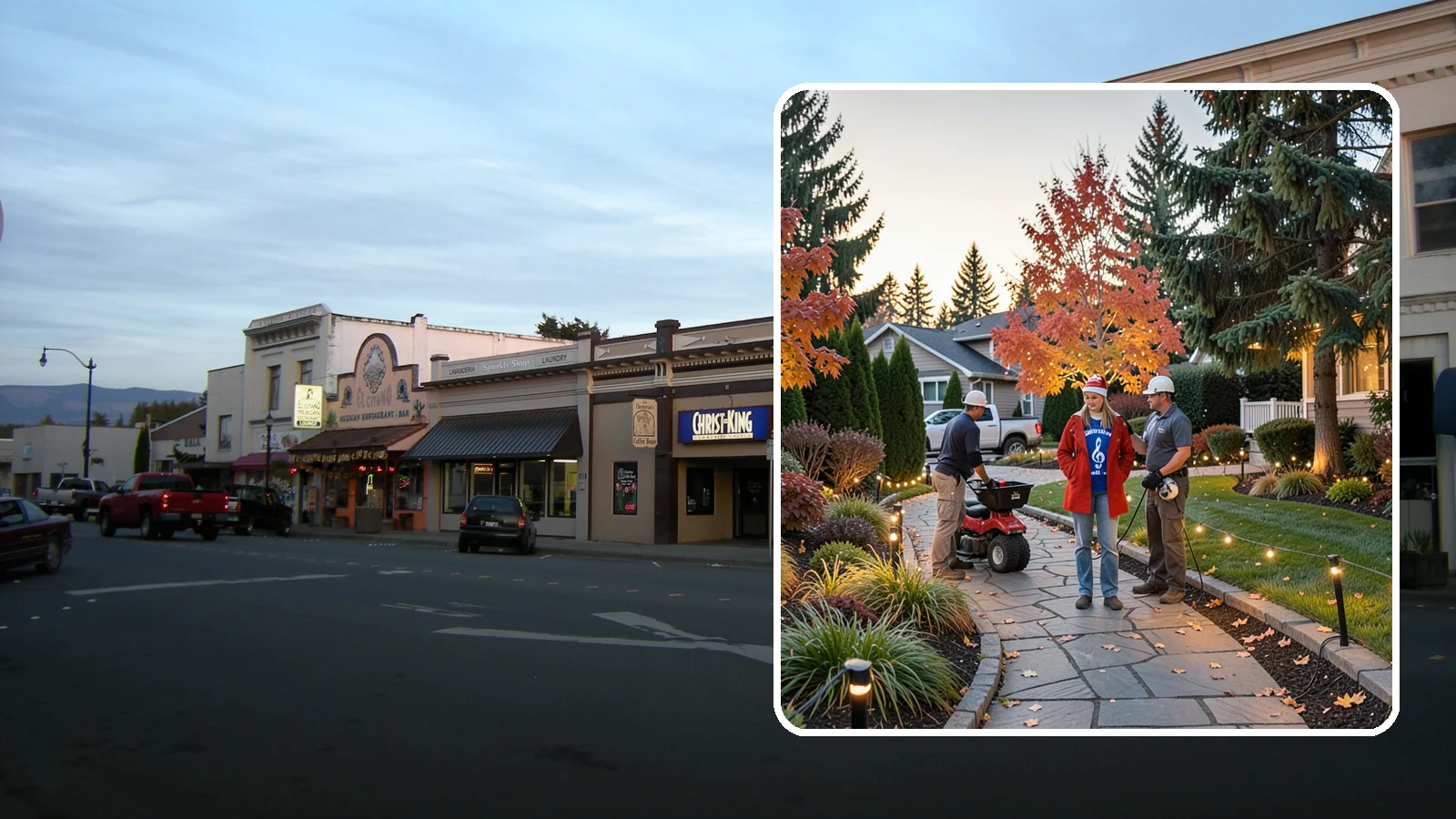 Holiday Lighting Installation in Burlington, Skagit County, WA - We design and hang professional holiday lighting that brightens the long, dark Northwest winter safely and beautifully.