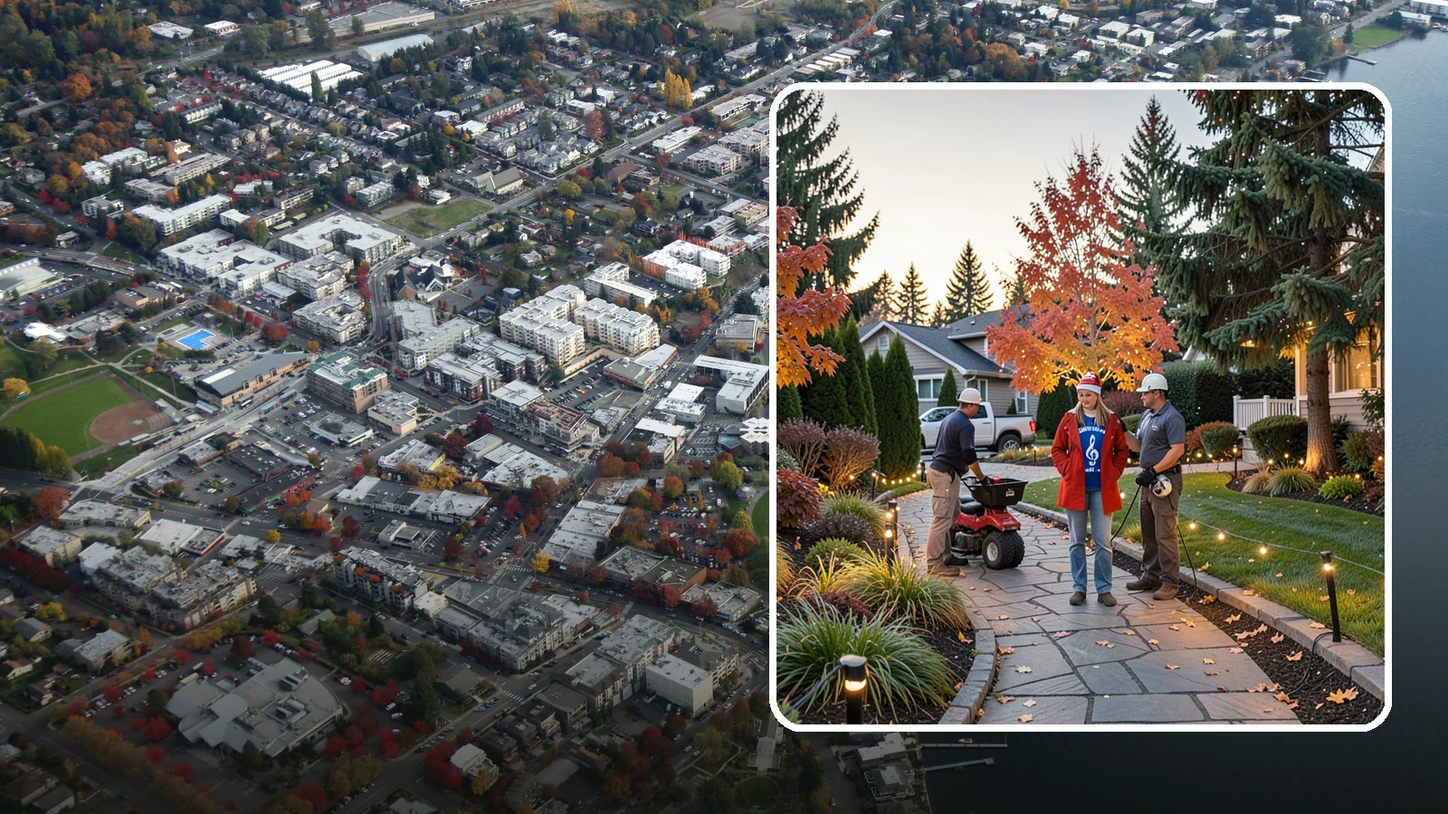 Holiday Lighting Installation in Kirkland, King County, WA - We design and hang professional holiday lighting that brightens the long, dark Northwest winter safely and beautifully.