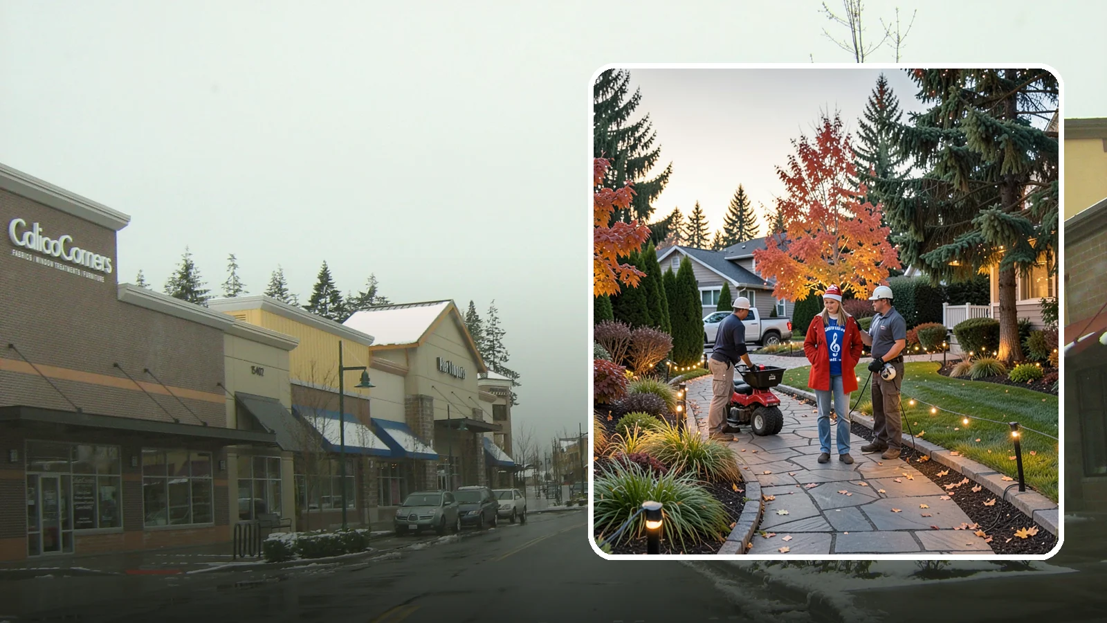 Holiday Lighting Installation in Mill Creek, Snohomish County, WA - We design and hang professional holiday lighting that brightens the long, dark Northwest winter safely and beautifully.