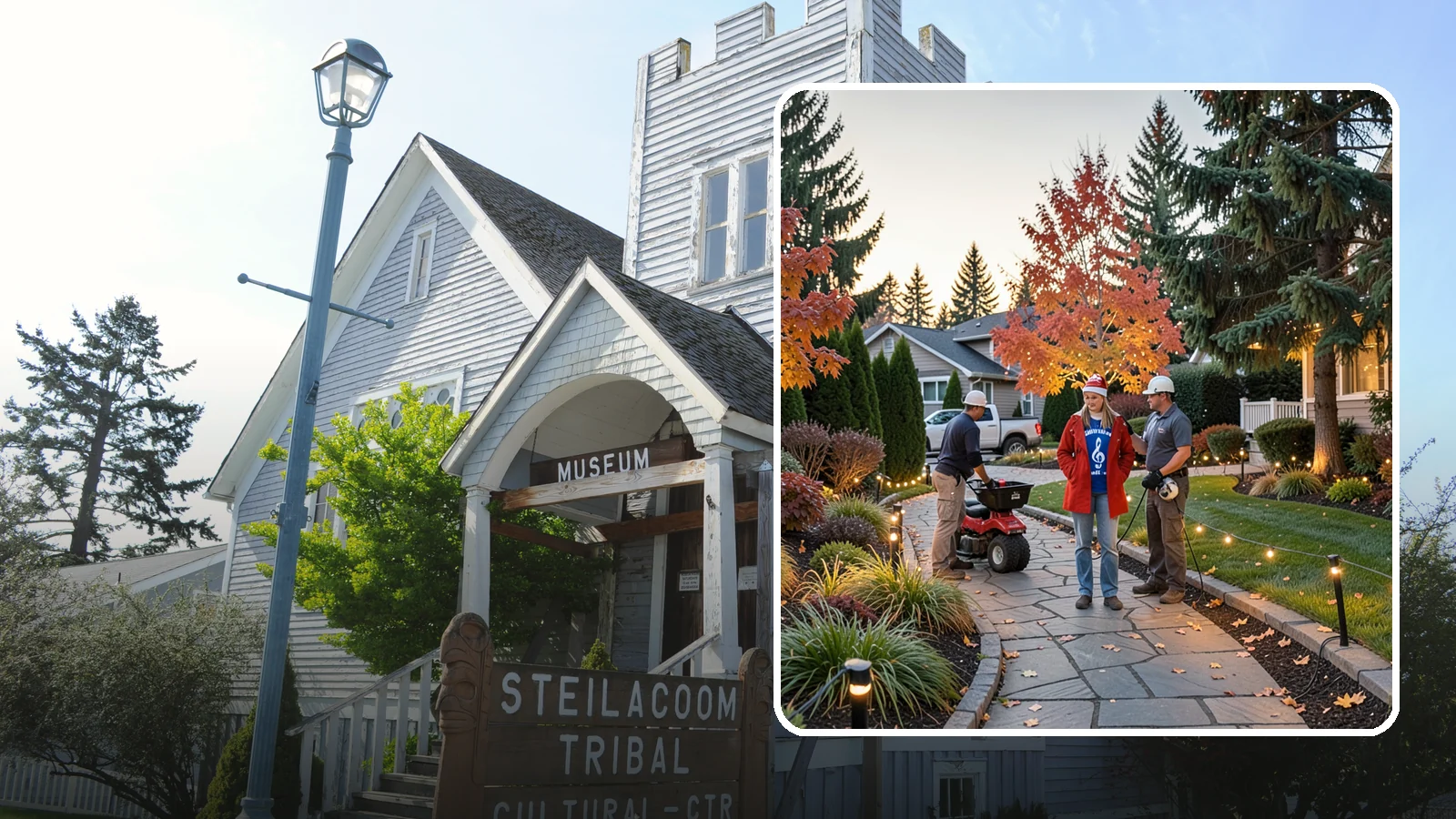 Holiday Lighting Installation in Steilacoom, Pierce County, WA - We design and hang professional holiday lighting that brightens the long, dark Northwest winter safely and beautifully.