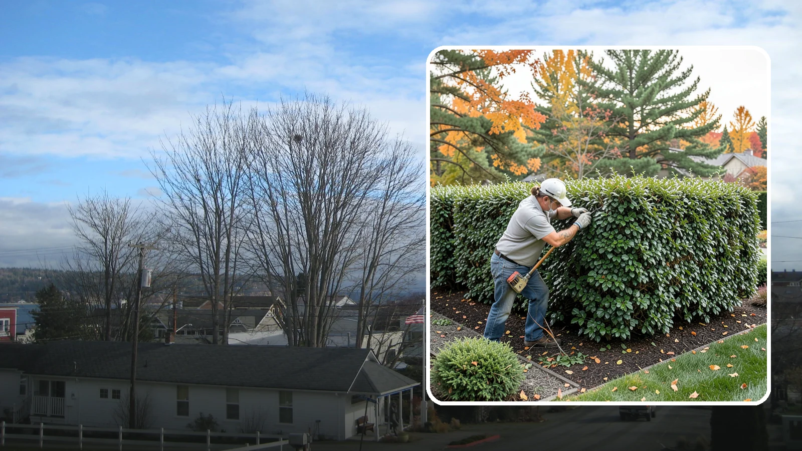 Holly Hedge Trimming in Langley, Island County, WA - Careful holly hedge trimming that shapes this dense, spiny evergreen into a secure, formal screen with glossy year-round foliage.