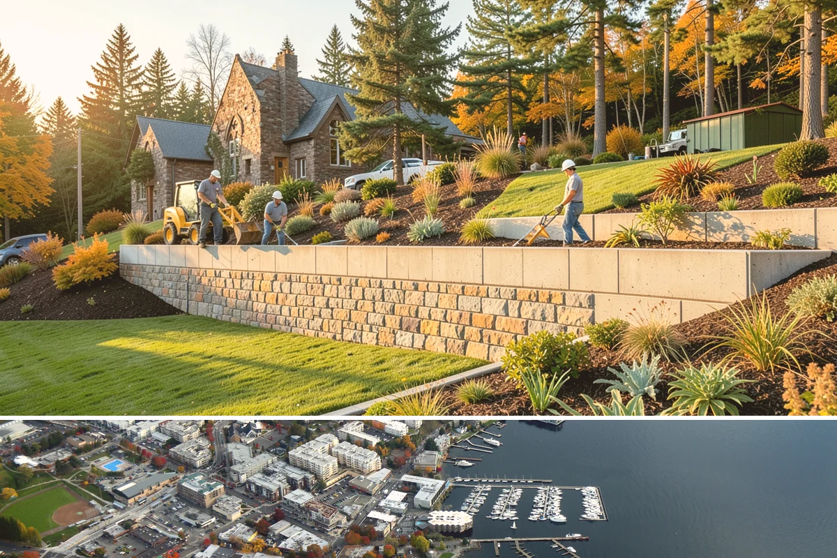 Interlocking Block Retaining Wall in Kirkland, King County, WA - Best installed in the drier spring through fall for easy compaction, though the block system builds well through much of the PNW...
