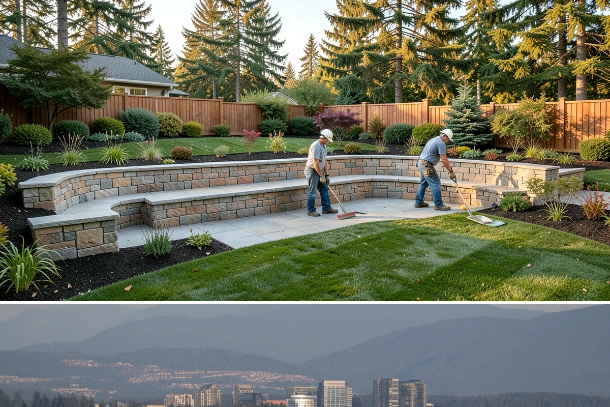 Interlocking Block Retaining Wall in Medina, King County, WA - Best installed in the drier spring through fall for easy compaction, though the block system builds well through much of the PNW...