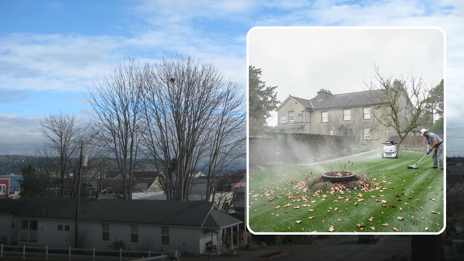 Lawn Blowing in Langley, Island County, WA - Clear fallen leaves, fir needles, and yard debris from your turf and hardscapes with thorough power blowing.