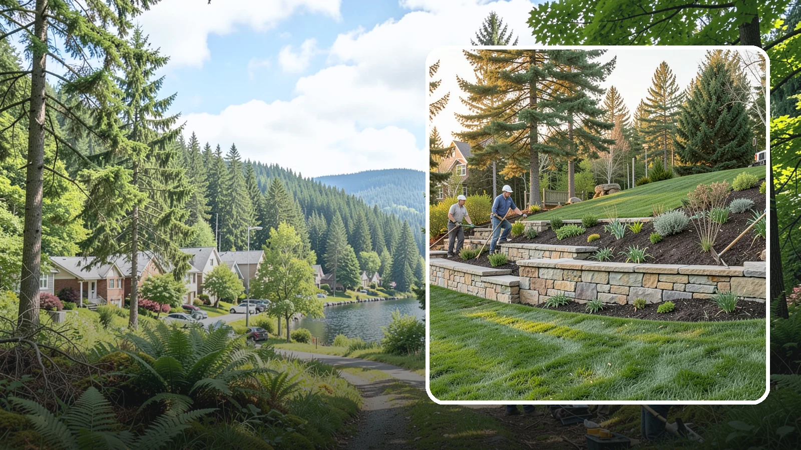 Natural Stone Retaining Wall in Lake Forest Park, King County, WA - A timeless hand-built wall of quarried natural stone that adds premium character while holding back slopes in Pacific Northwest...