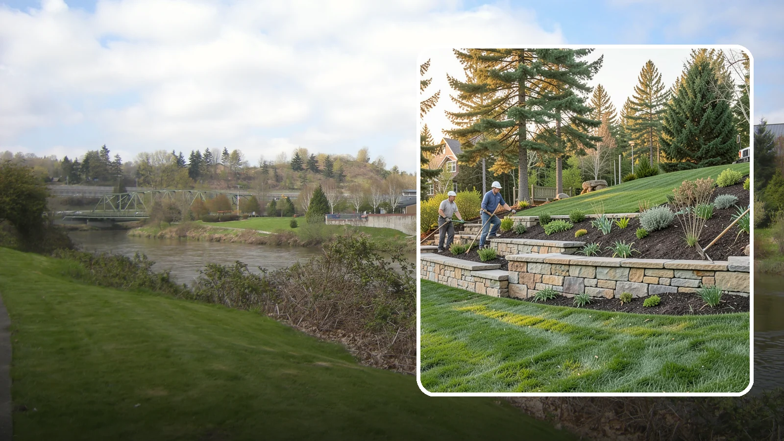 Natural Stone Retaining Wall in Tukwila, King County, WA - A timeless hand-built wall of quarried natural stone that adds premium character while holding back slopes in Pacific Northwest...