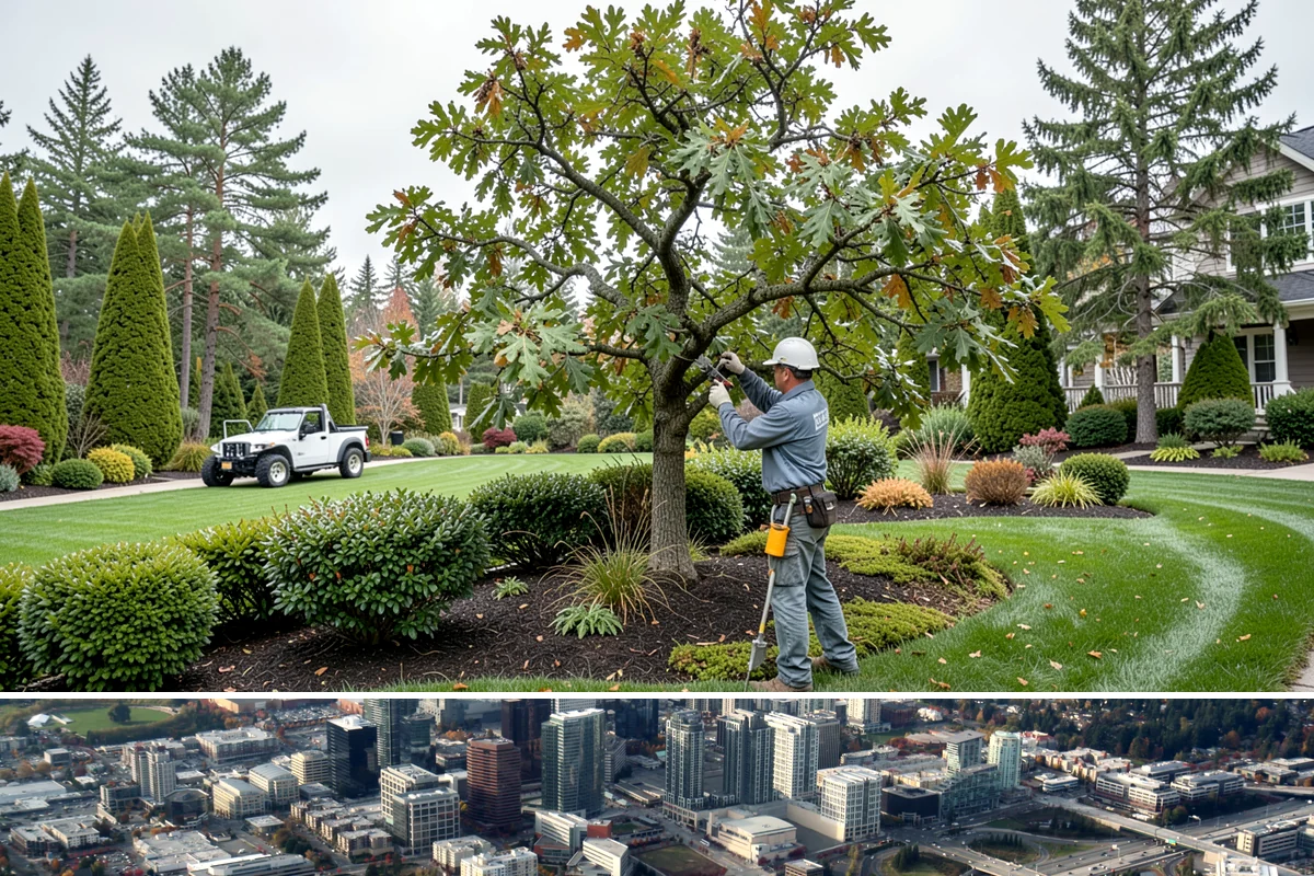 Office Landscape Maintenance in Bellevue, King County, WA - Serviced year-round on a recurring contract, with active growing-season care and winter focus on leaf cleanup, moss, and safe...
