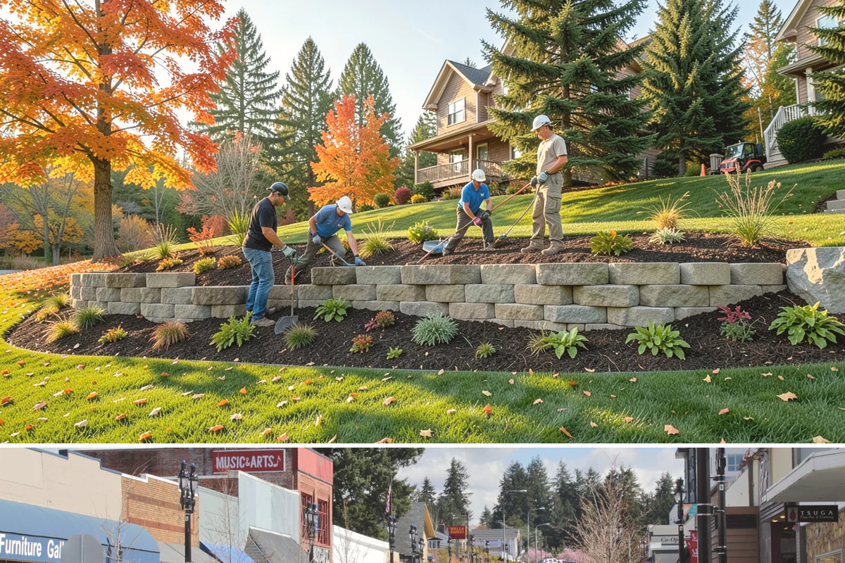 Office Landscape Maintenance in Bothell, King County, WA - Serviced year-round on a recurring contract, with active growing-season care and winter focus on leaf cleanup, moss, and safe...
