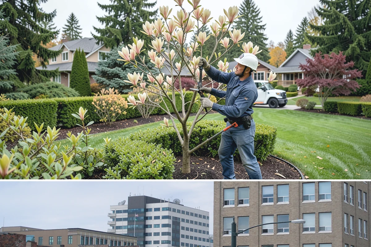 Office Landscape Maintenance in Everett, Snohomish County, WA - Serviced year-round on a recurring contract, with active growing-season care and winter focus on leaf cleanup, moss, and safe...