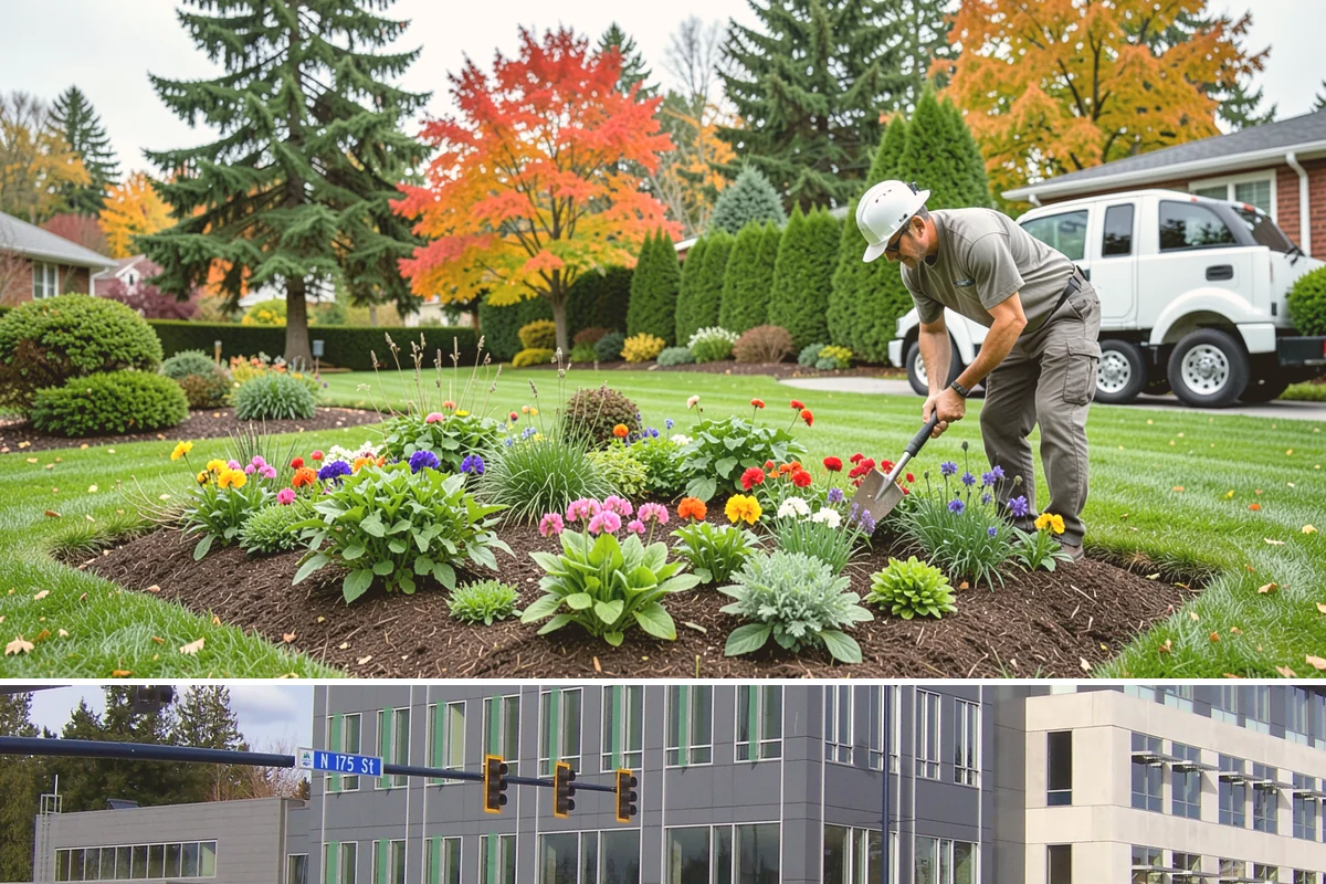 Office Landscape Maintenance in Shoreline, King County, WA - Serviced year-round on a recurring contract, with active growing-season care and winter focus on leaf cleanup, moss, and safe...