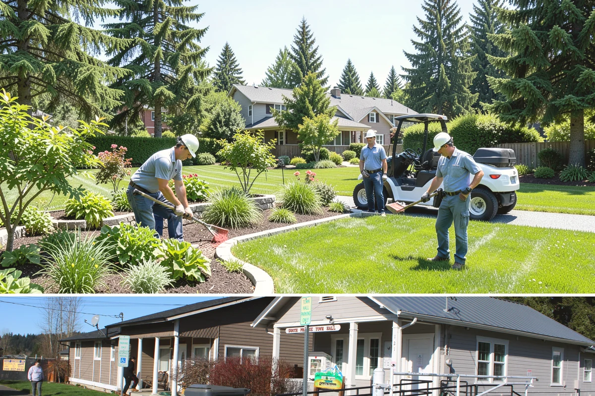Office Landscape Maintenance in South Prairie, Pierce County, WA - Serviced year-round on a recurring contract, with active growing-season care and winter focus on leaf cleanup, moss, and safe...