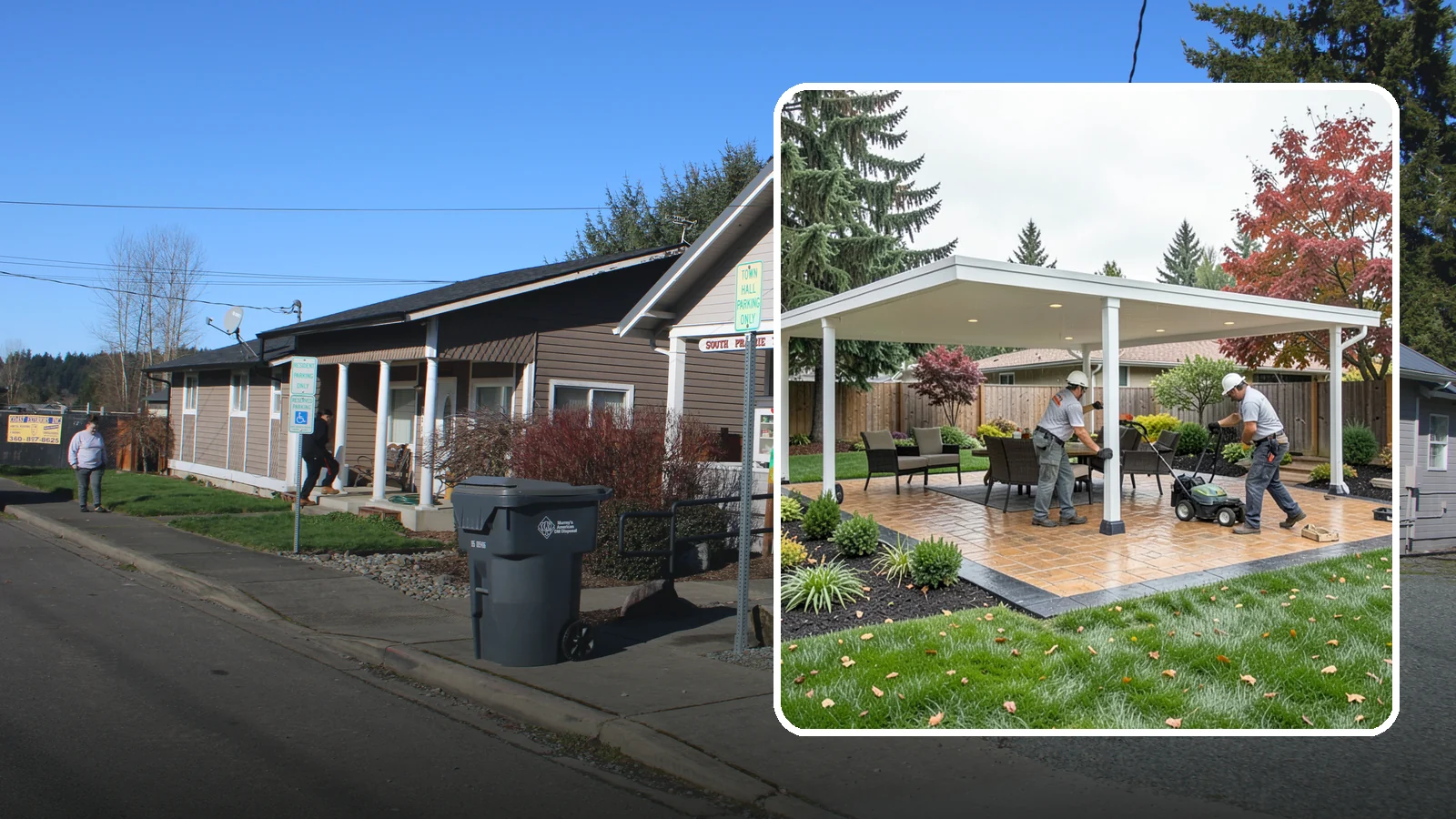 Patio Cover Installation in South Prairie, Pierce County, WA - Solid and louvered patio covers that make your outdoor space usable rain or shine, year-round.