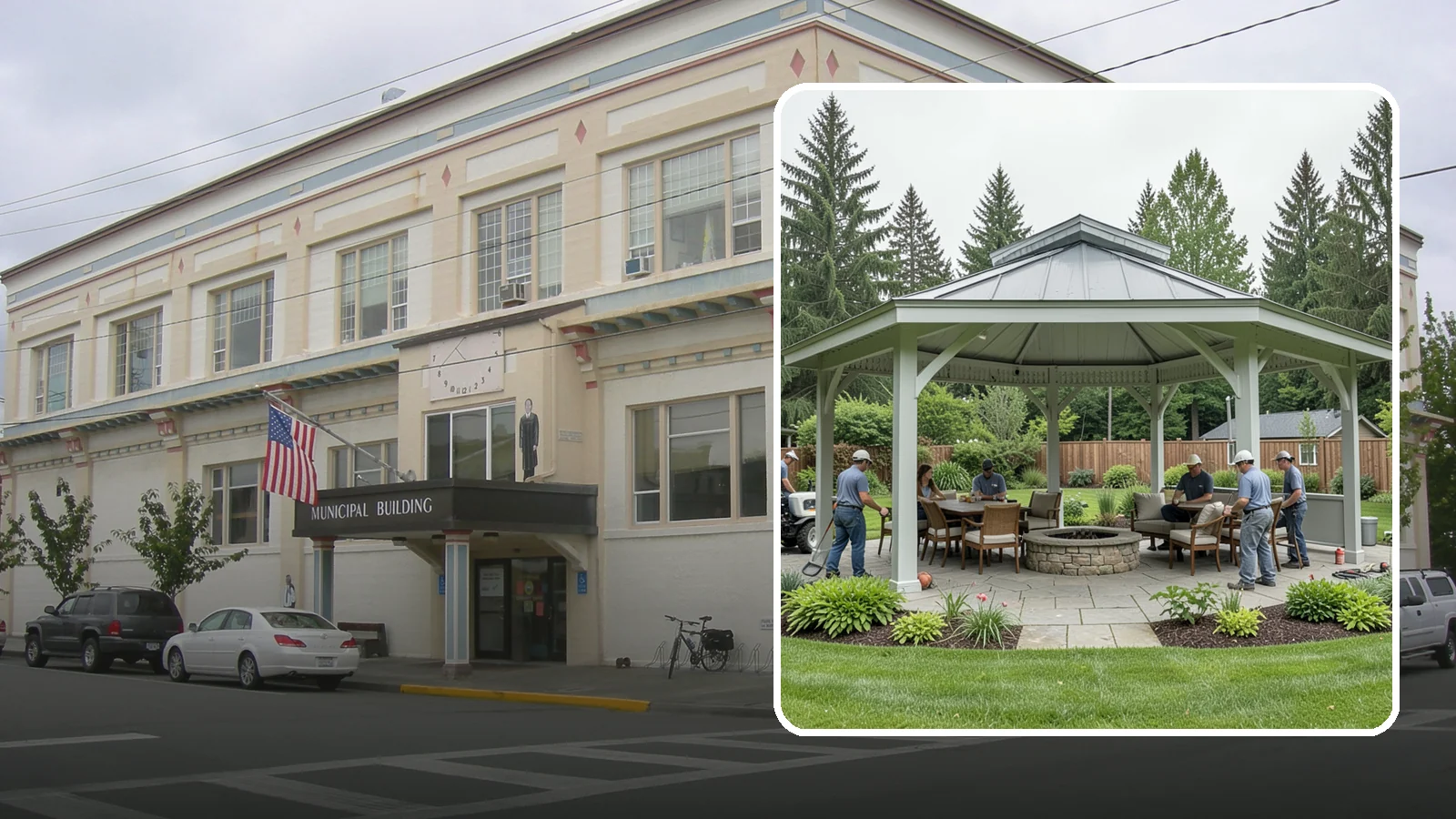 Pavilion Installation in Anacortes, Skagit County, WA - Solid-roof pavilions that create a substantial, fully sheltered outdoor room for gathering and dining.