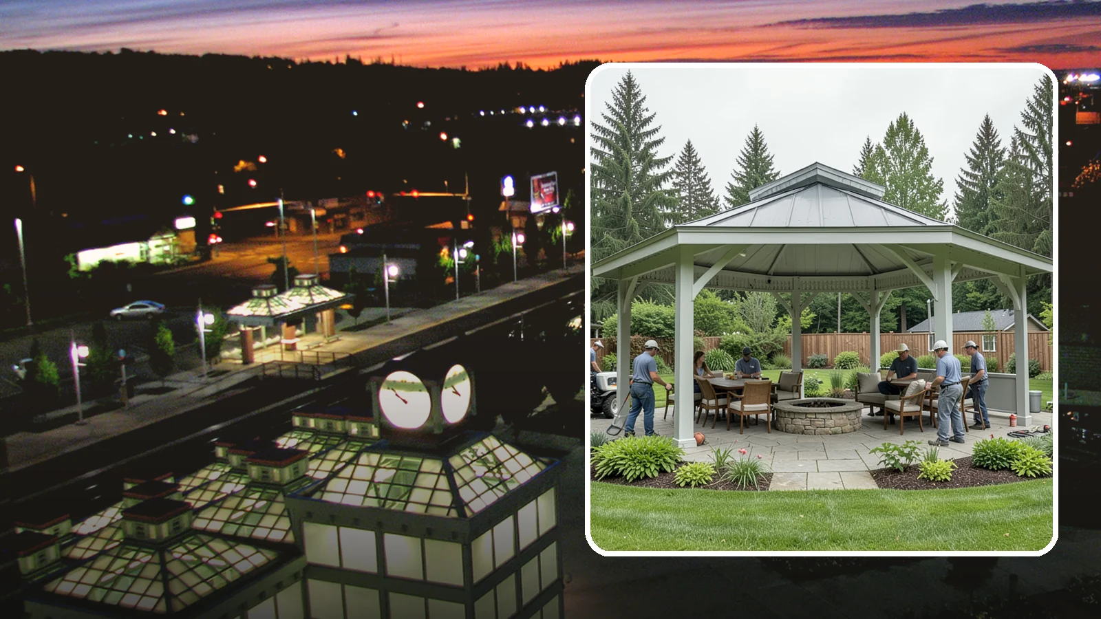 Pavilion Installation in Auburn, King County, WA - Solid-roof pavilions that create a substantial, fully sheltered outdoor room for gathering and dining.