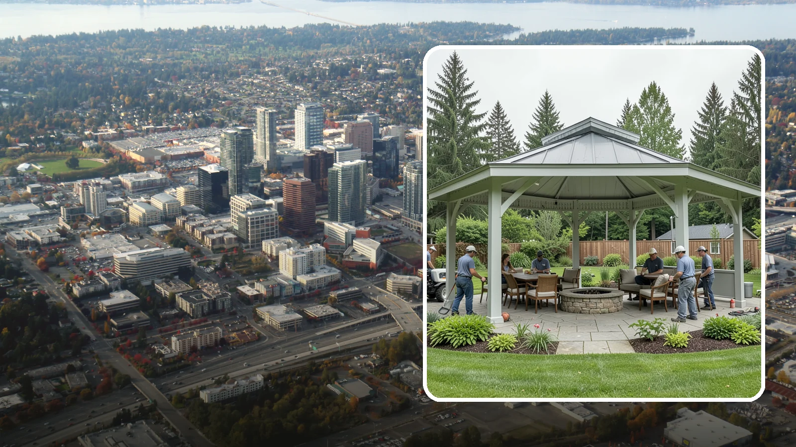 Pavilion Installation in Bellevue, King County, WA - Solid-roof pavilions that create a substantial, fully sheltered outdoor room for gathering and dining.