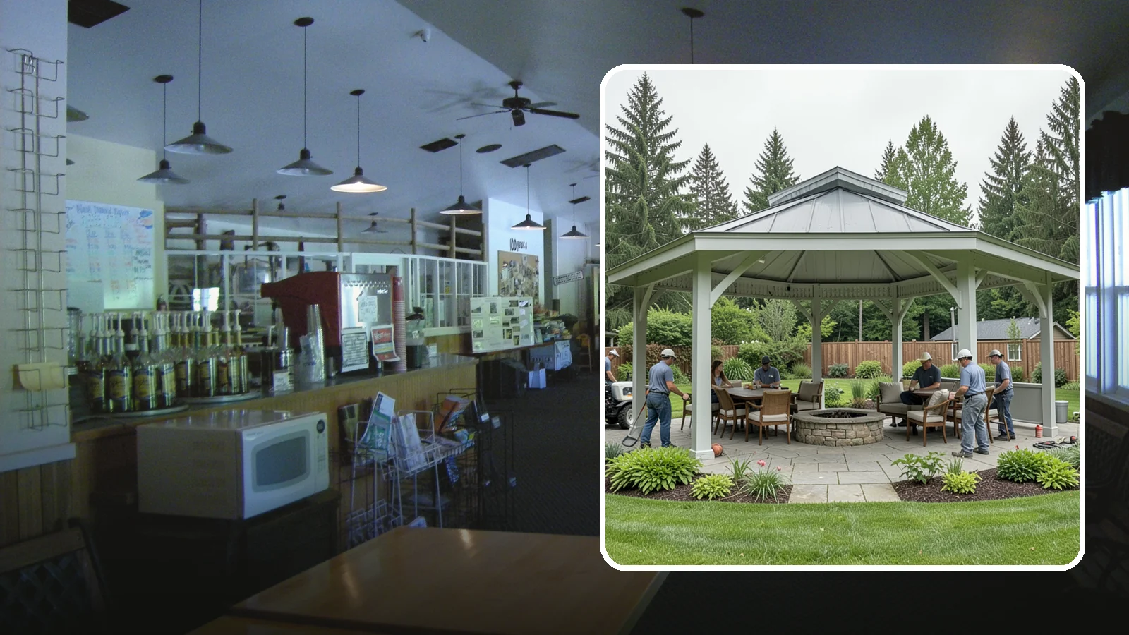 Pavilion Installation in Black Diamond, King County, WA - Solid-roof pavilions that create a substantial, fully sheltered outdoor room for gathering and dining.