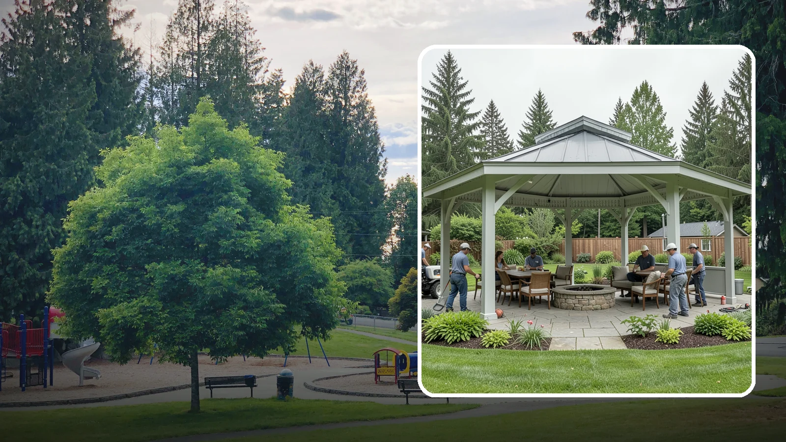 Pavilion Installation in Bonney Lake, Pierce County, WA - Solid-roof pavilions that create a substantial, fully sheltered outdoor room for gathering and dining.