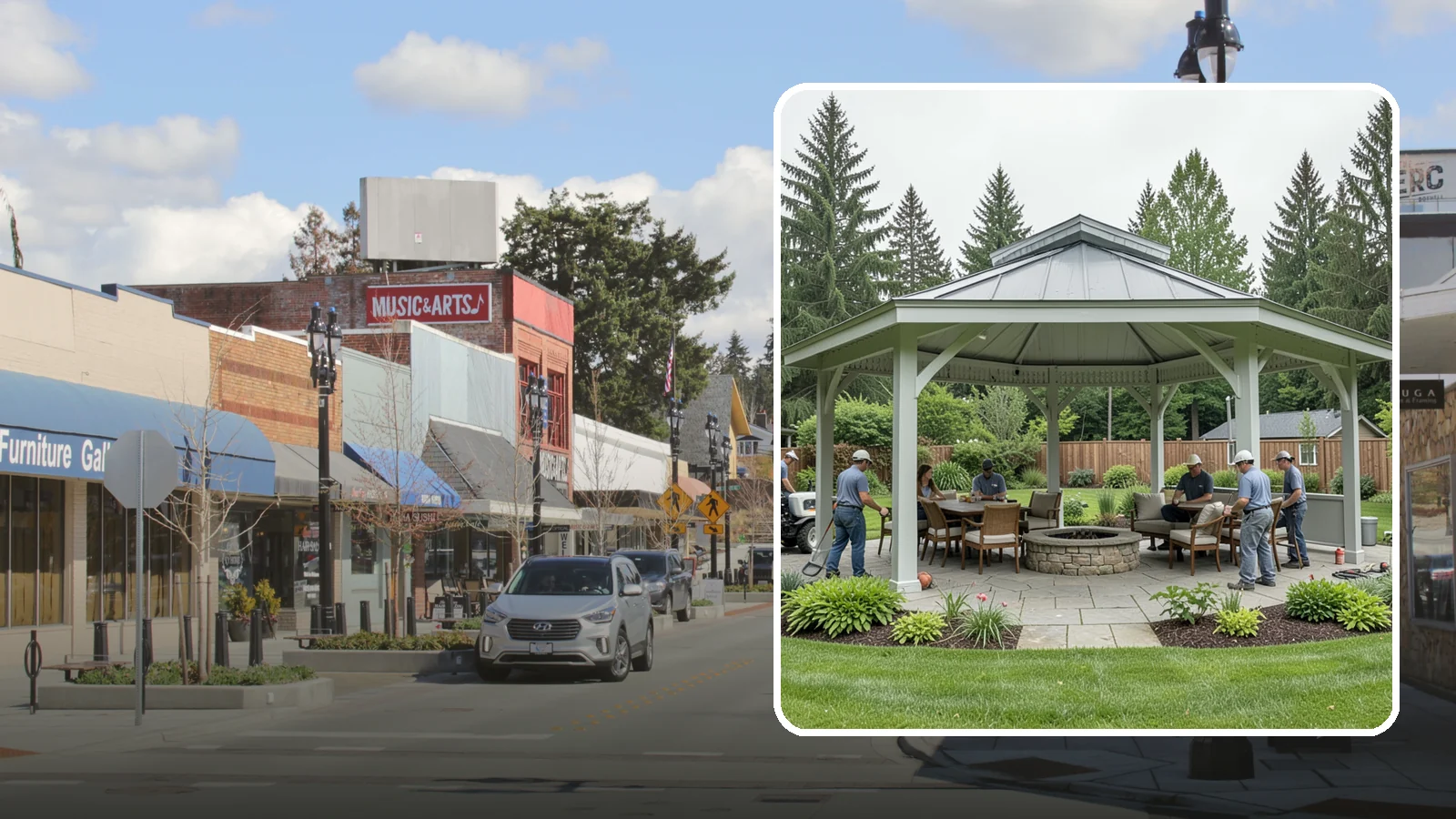 Pavilion Installation in Bothell, King County, WA - Solid-roof pavilions that create a substantial, fully sheltered outdoor room for gathering and dining.
