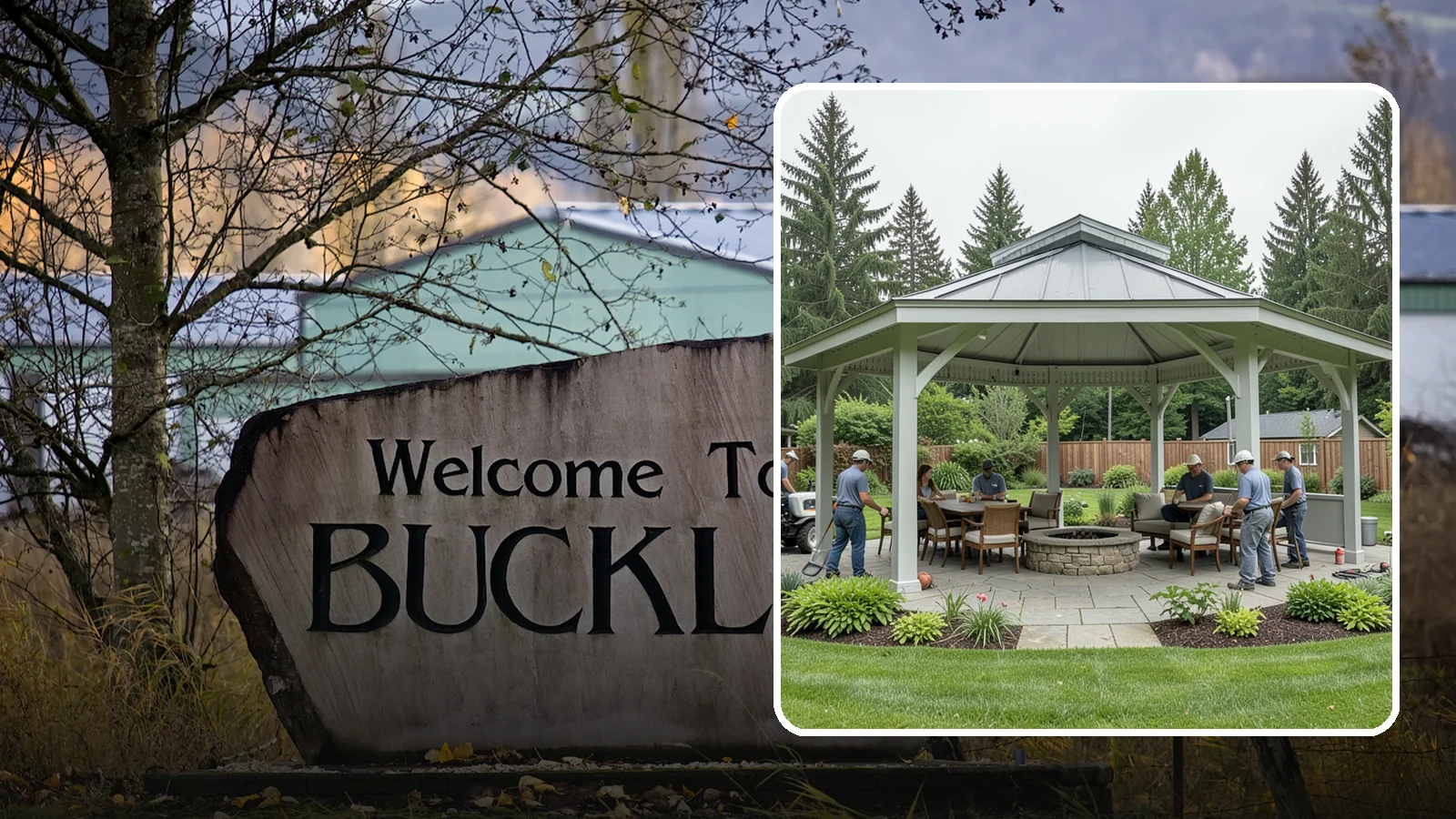 Pavilion Installation in Buckley, Pierce County, WA - Solid-roof pavilions that create a substantial, fully sheltered outdoor room for gathering and dining.