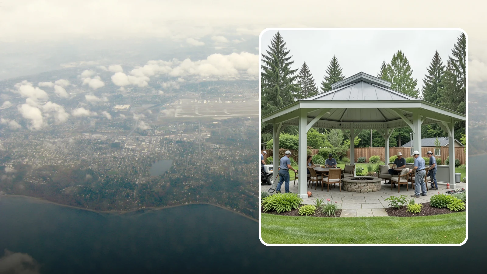Pavilion Installation in Burien, King County, WA - Solid-roof pavilions that create a substantial, fully sheltered outdoor room for gathering and dining.