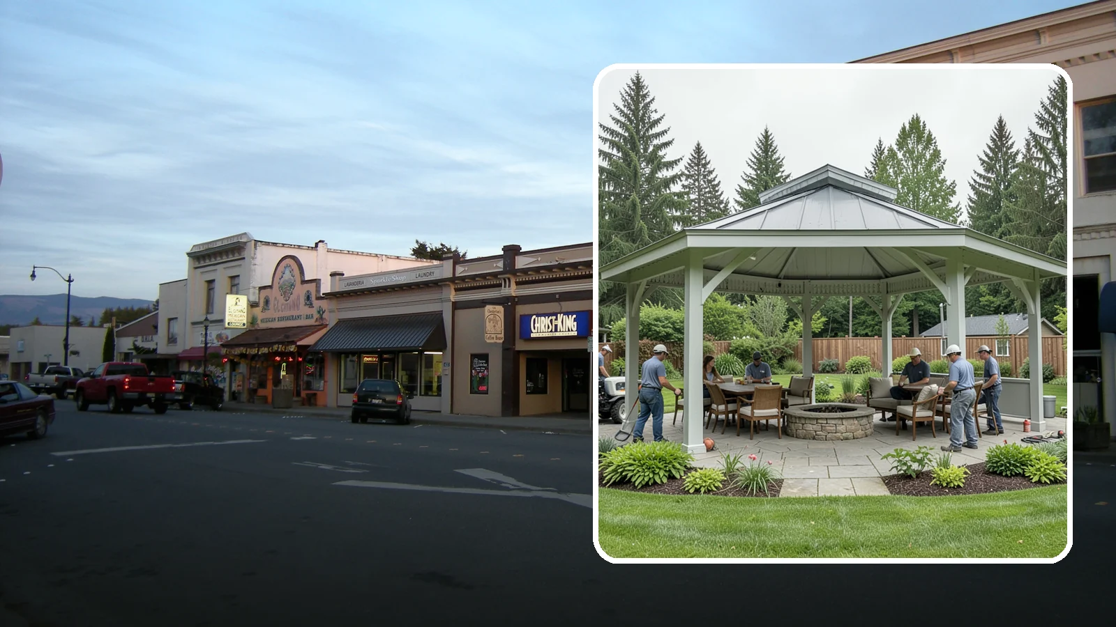 Pavilion Installation in Burlington, Skagit County, WA - Solid-roof pavilions that create a substantial, fully sheltered outdoor room for gathering and dining.