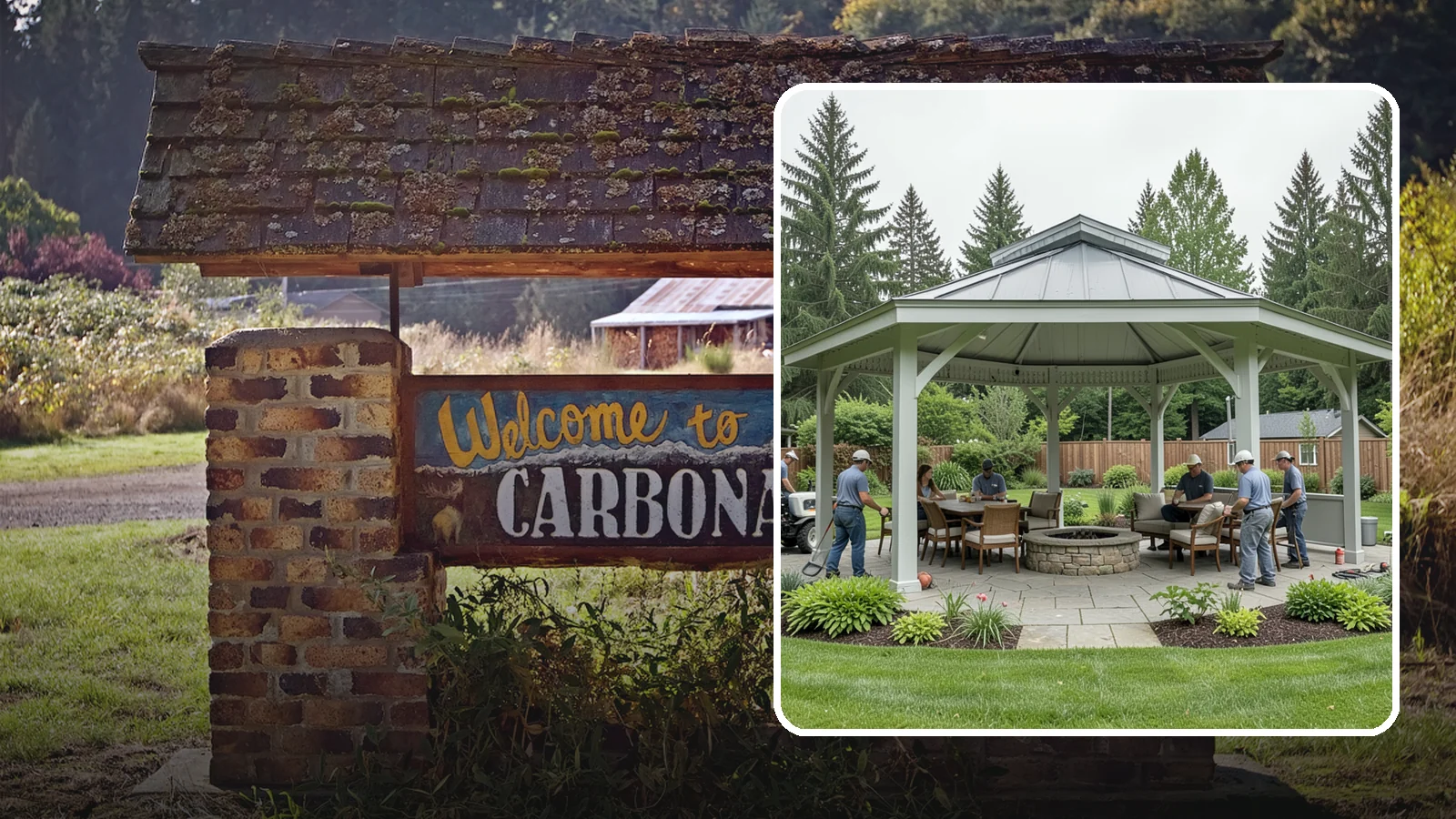 Pavilion Installation in Carbonado, Pierce County, WA - Solid-roof pavilions that create a substantial, fully sheltered outdoor room for gathering and dining.