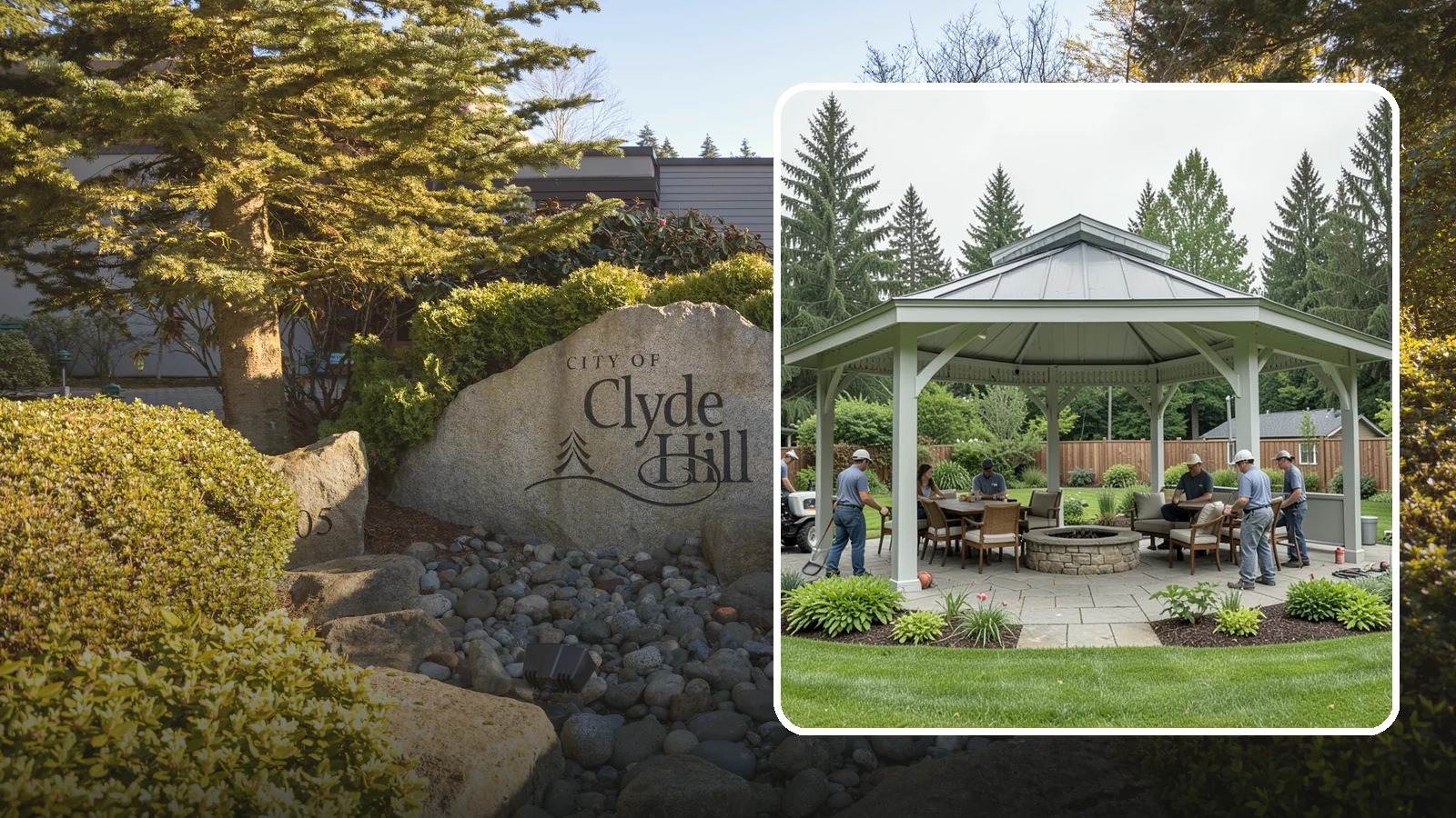 Pavilion Installation in Clyde Hill, King County, WA - Solid-roof pavilions that create a substantial, fully sheltered outdoor room for gathering and dining.