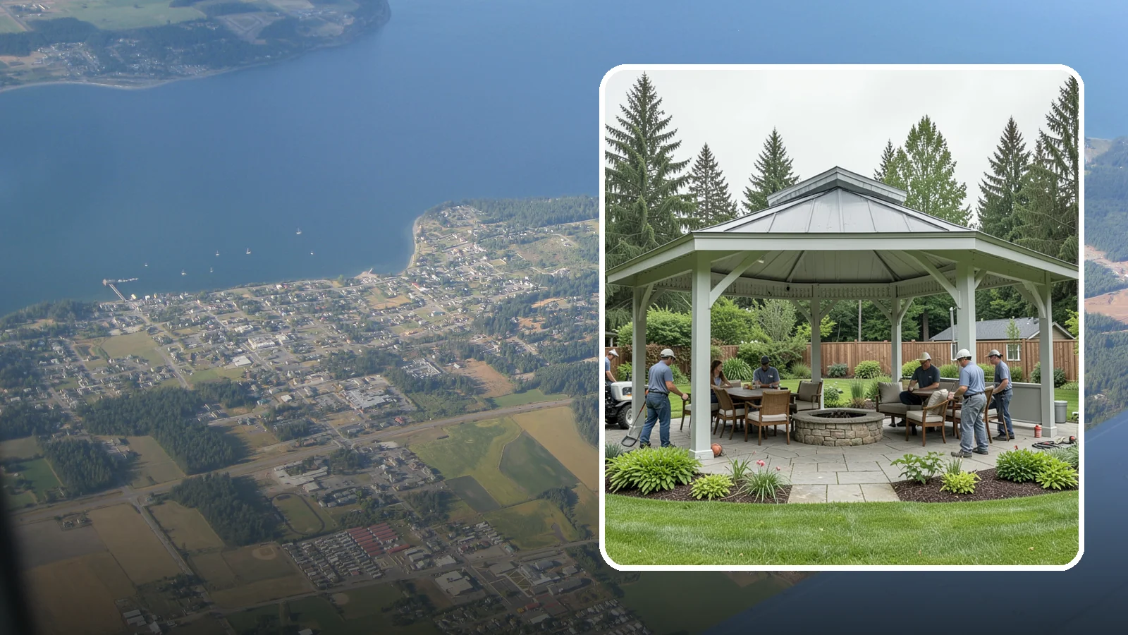 Pavilion Installation in Coupeville, Island County, WA - Solid-roof pavilions that create a substantial, fully sheltered outdoor room for gathering and dining.