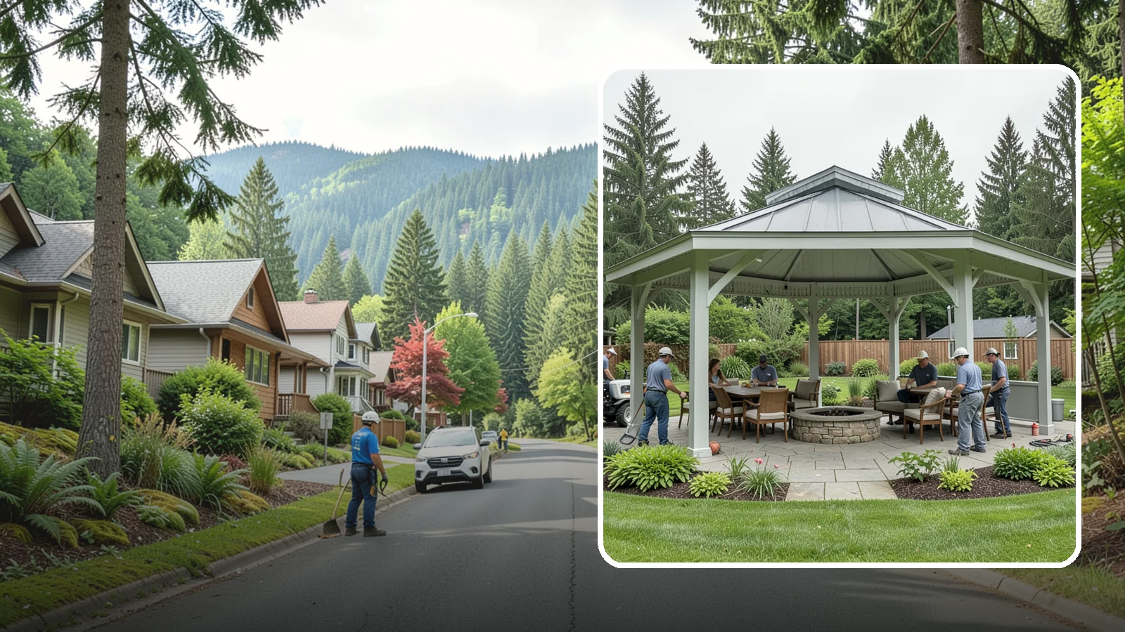 Pavilion Installation in Darrington, Snohomish County, WA - Solid-roof pavilions that create a substantial, fully sheltered outdoor room for gathering and dining.