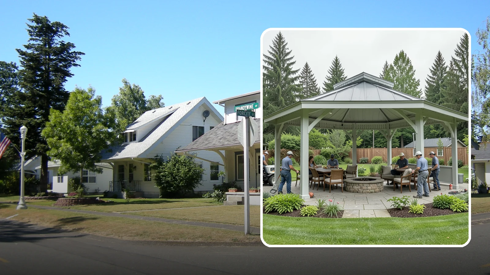 Pavilion Installation in DuPont, Pierce County, WA - Solid-roof pavilions that create a substantial, fully sheltered outdoor room for gathering and dining.