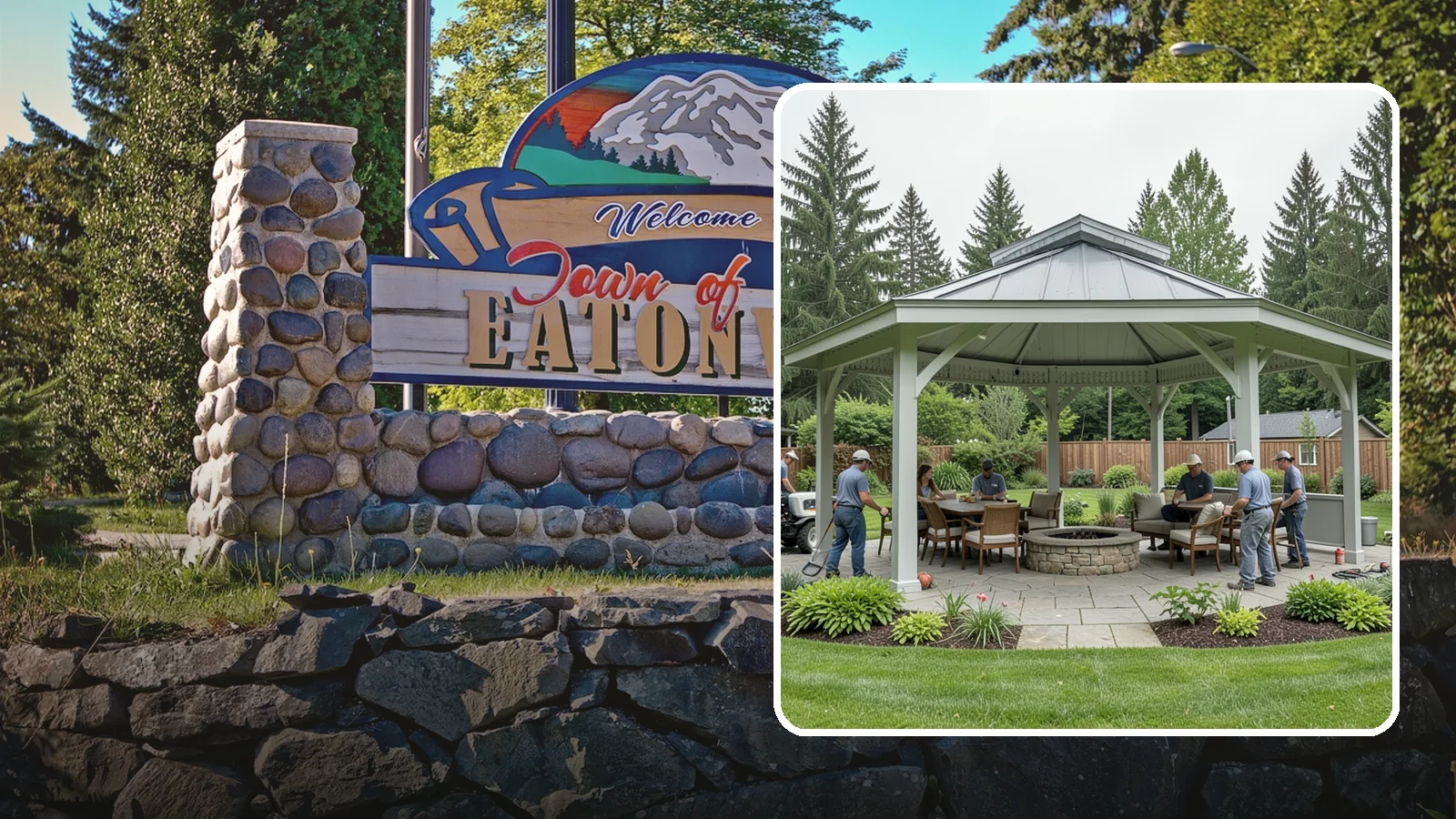 Pavilion Installation in Eatonville, Pierce County, WA - Solid-roof pavilions that create a substantial, fully sheltered outdoor room for gathering and dining.