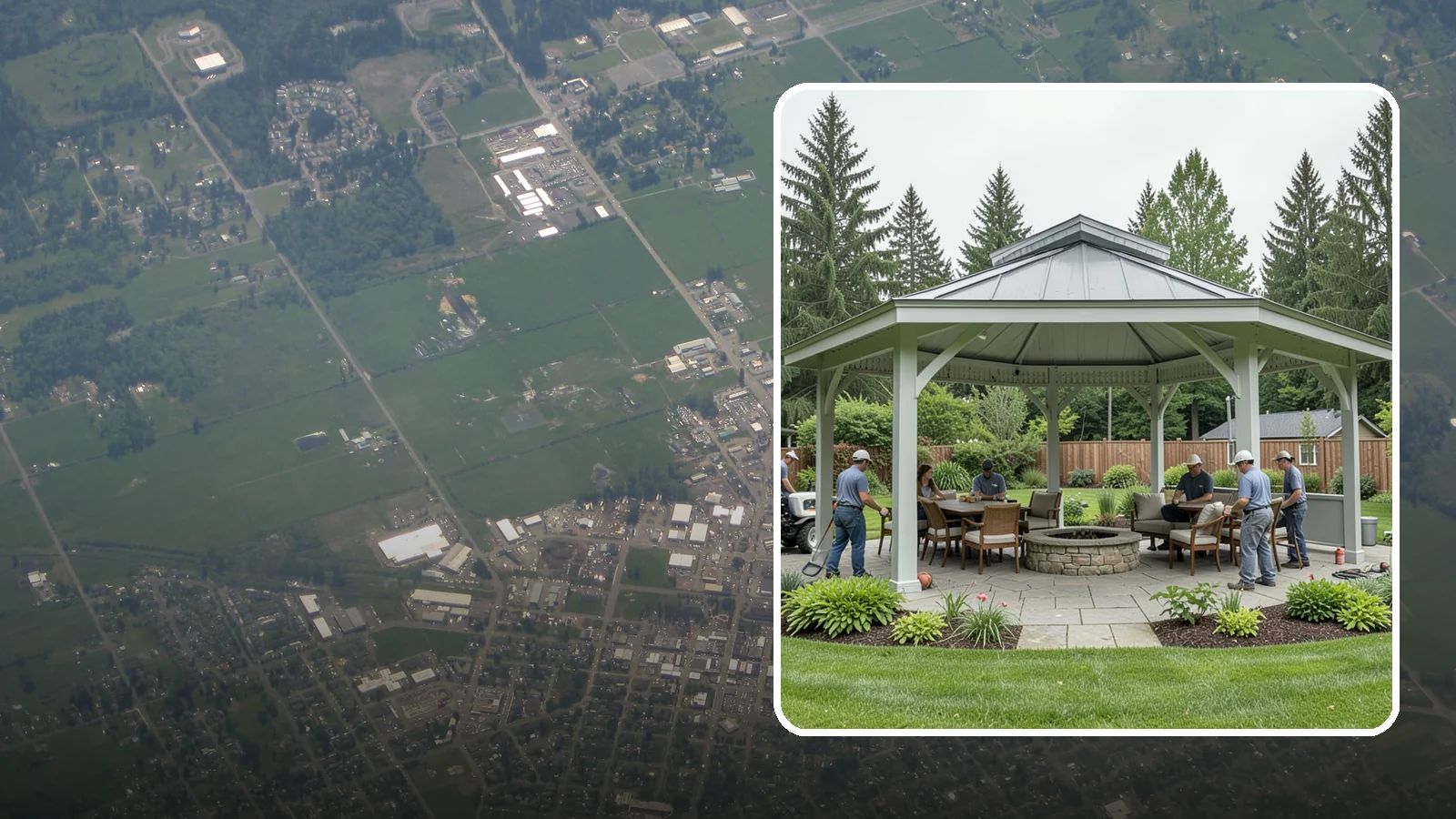 Pavilion Installation in Enumclaw, King County, WA - Solid-roof pavilions that create a substantial, fully sheltered outdoor room for gathering and dining.