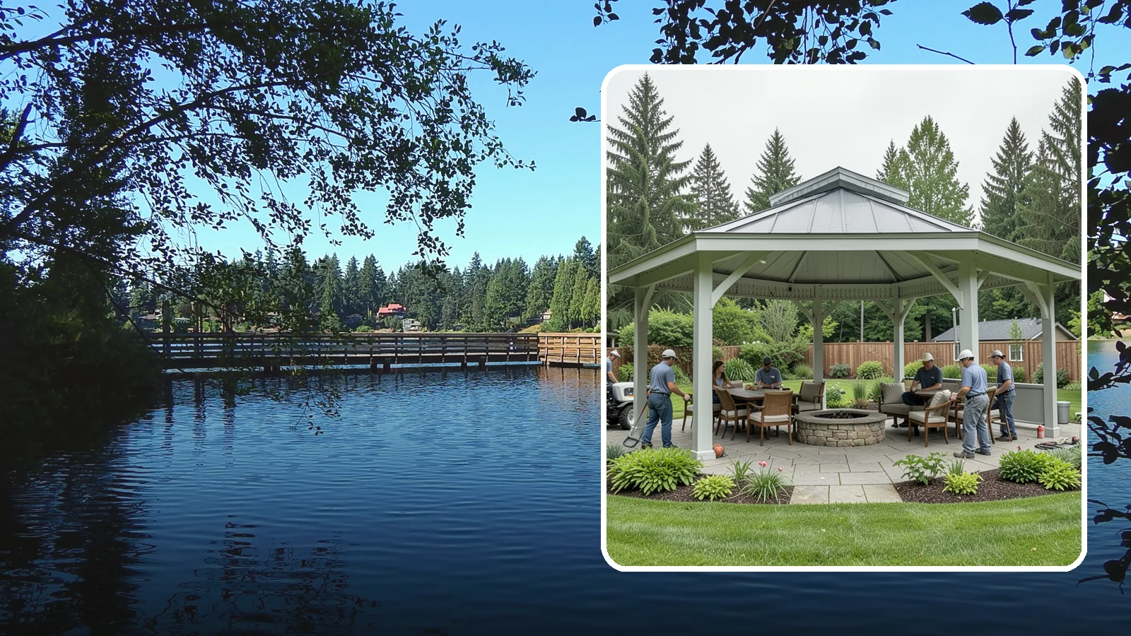 Pavilion Installation in Federal Way, King County, WA - Solid-roof pavilions that create a substantial, fully sheltered outdoor room for gathering and dining.