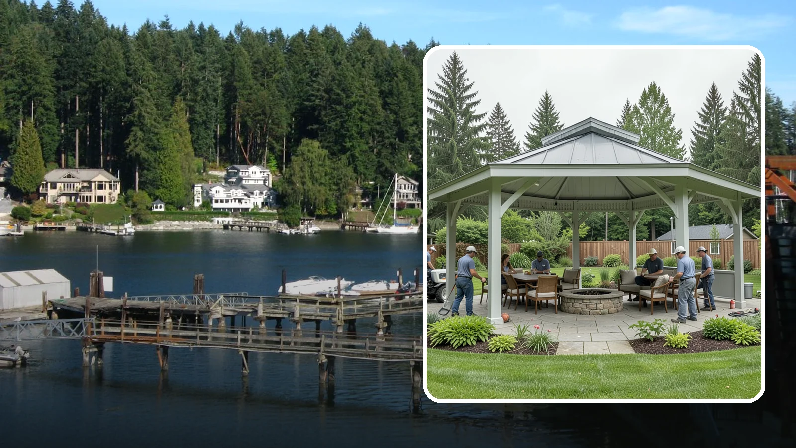 Pavilion Installation in Gig Harbor, Pierce County, WA - Solid-roof pavilions that create a substantial, fully sheltered outdoor room for gathering and dining.