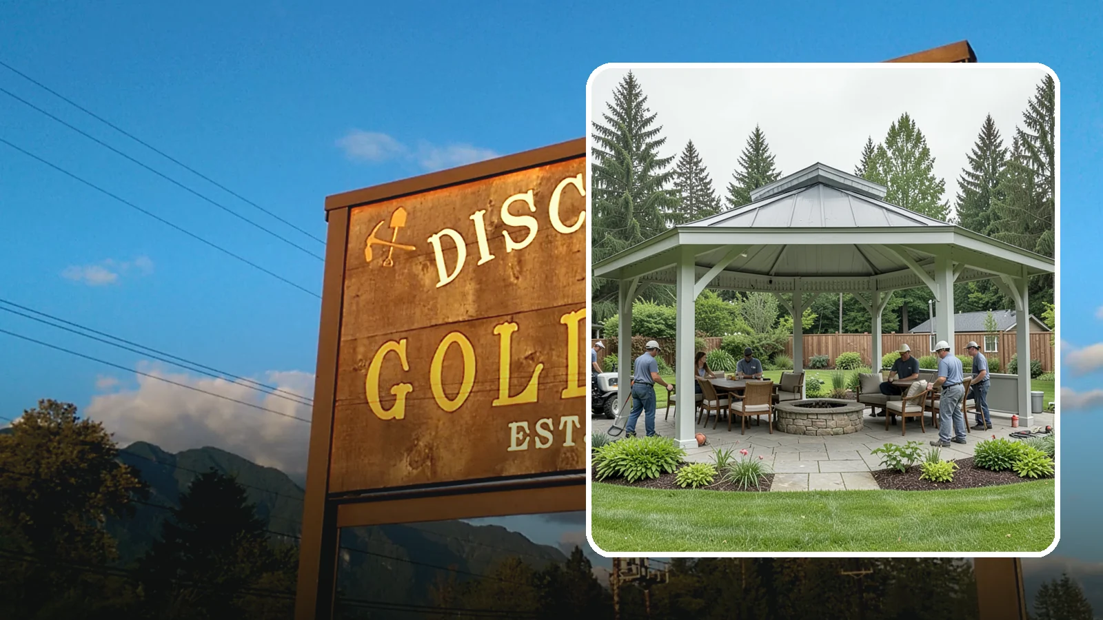 Pavilion Installation in Gold Bar, Snohomish County, WA - Solid-roof pavilions that create a substantial, fully sheltered outdoor room for gathering and dining.