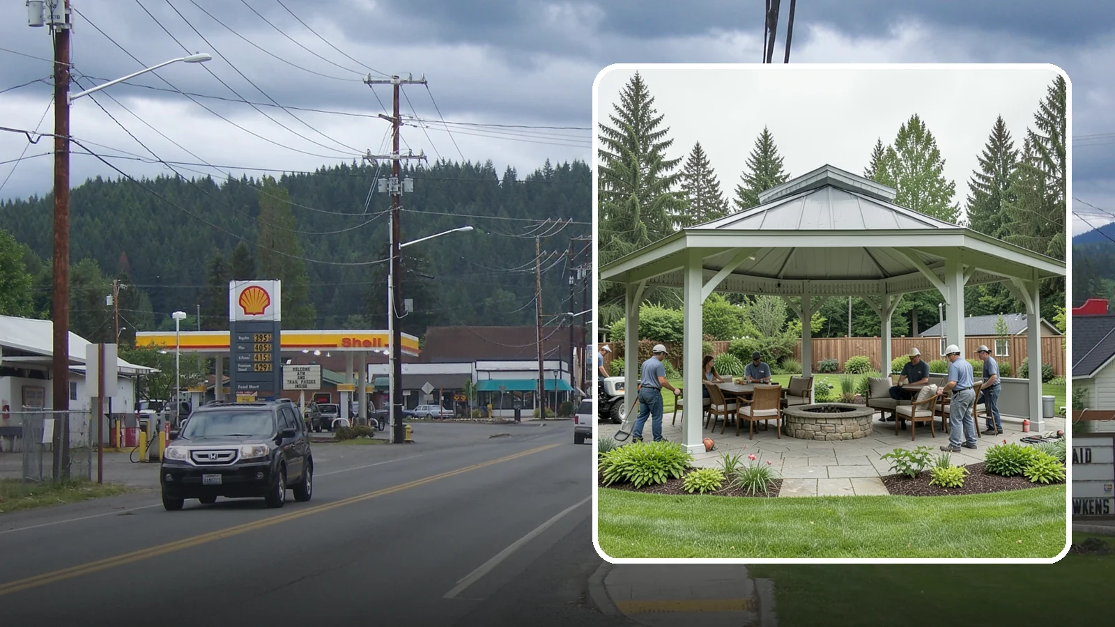 Pavilion Installation in Granite Falls, Snohomish County, WA - Solid-roof pavilions that create a substantial, fully sheltered outdoor room for gathering and dining.