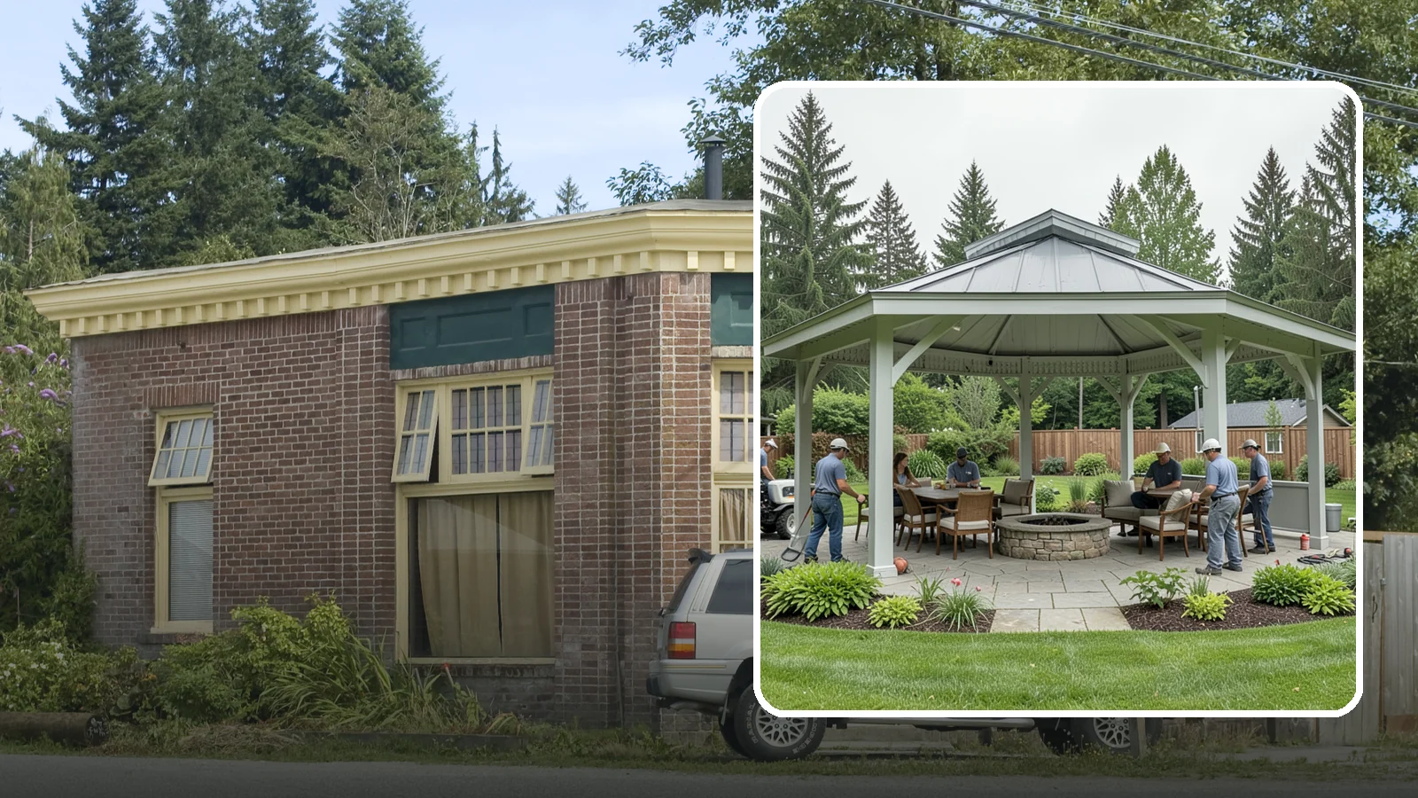 Pavilion Installation in Hamilton, Skagit County, WA - Solid-roof pavilions that create a substantial, fully sheltered outdoor room for gathering and dining.